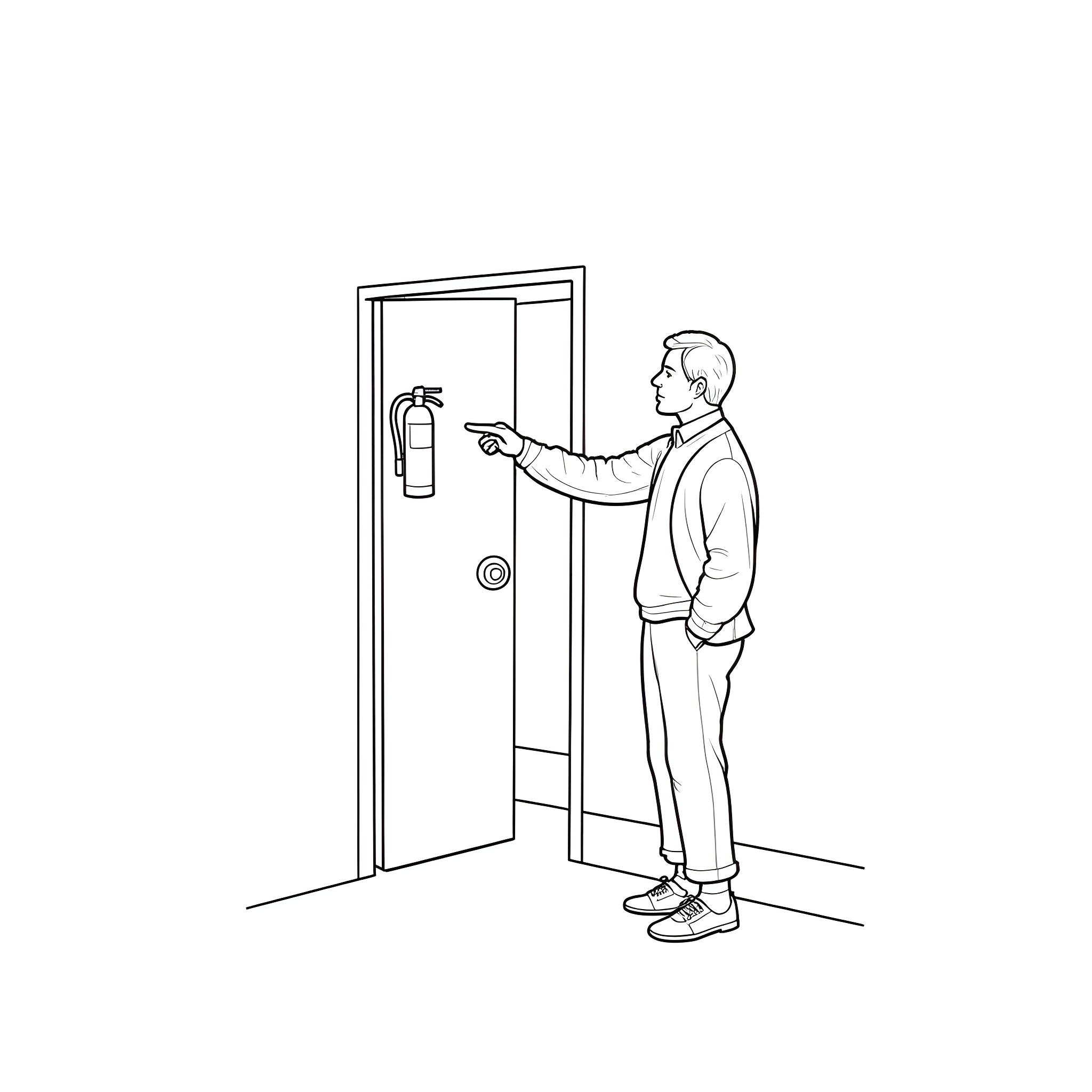 Father checking fire extinguisher in hallway Coloring Page (free black-and-white line drawing printable PDF for all, from beginners to advanced learners, including children, teens, adults, and seniors)