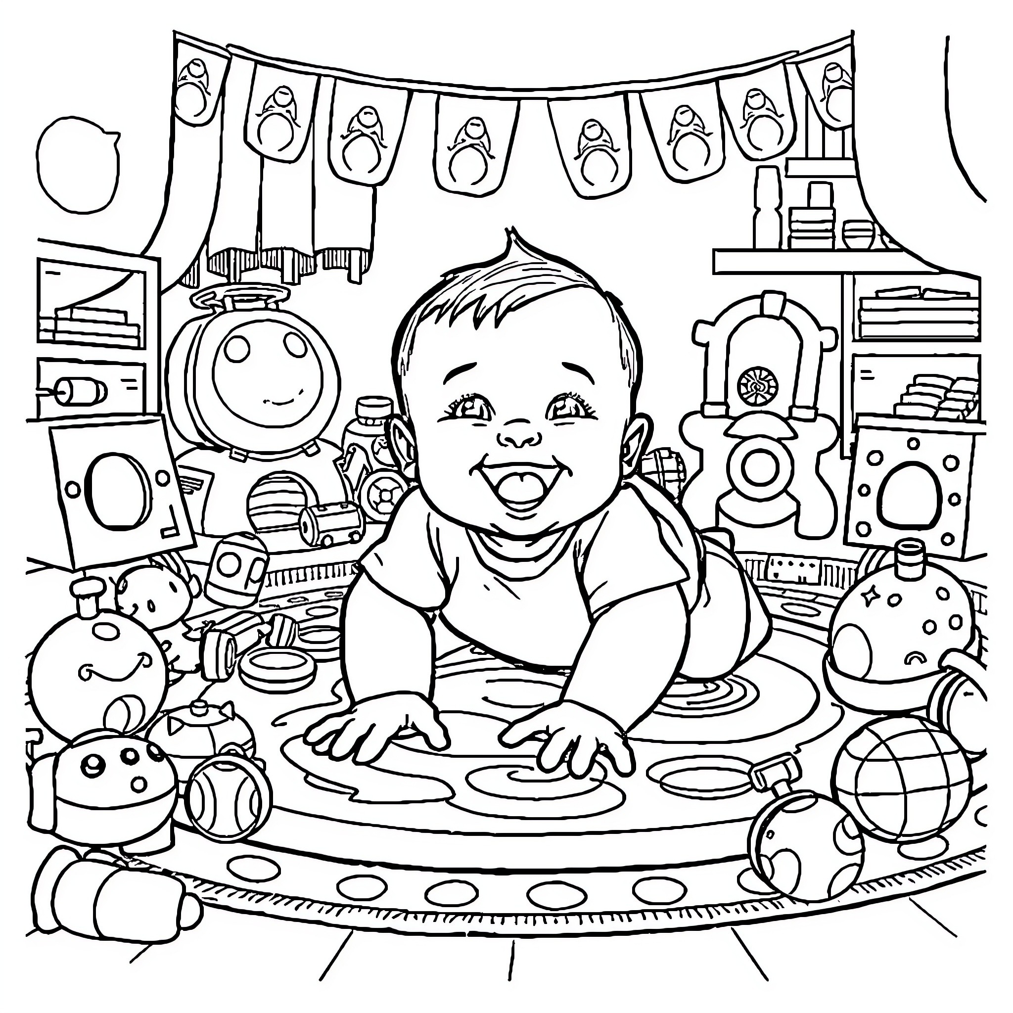 Baby playing happily with toys in the nursery Coloring Page (free black-and-white line drawing printable PDF for all, from beginners to advanced learners, including children, teens, adults, and seniors)