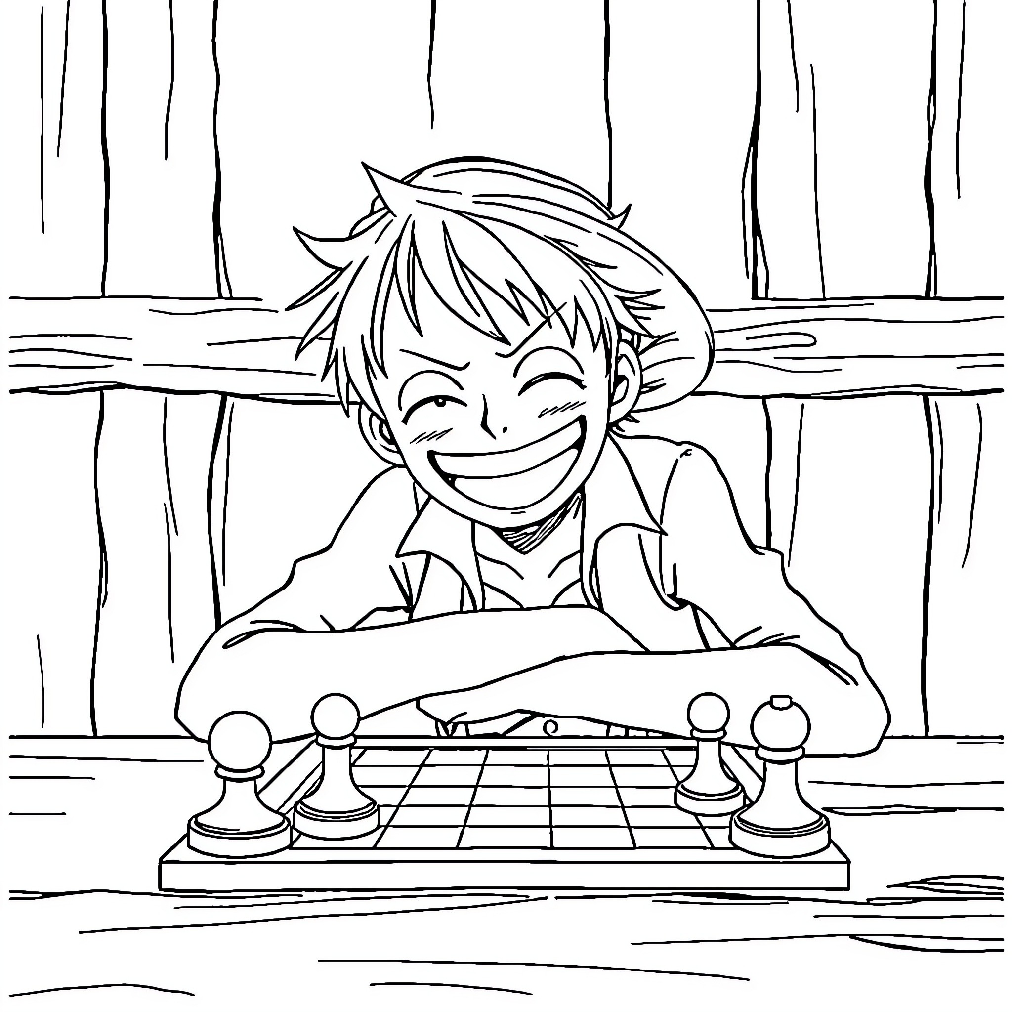 Luffy enjoying a game of chess Coloring Page (free black-and-white line drawing printable PDF for all, from beginners to advanced learners, including children, teens, adults, and seniors)