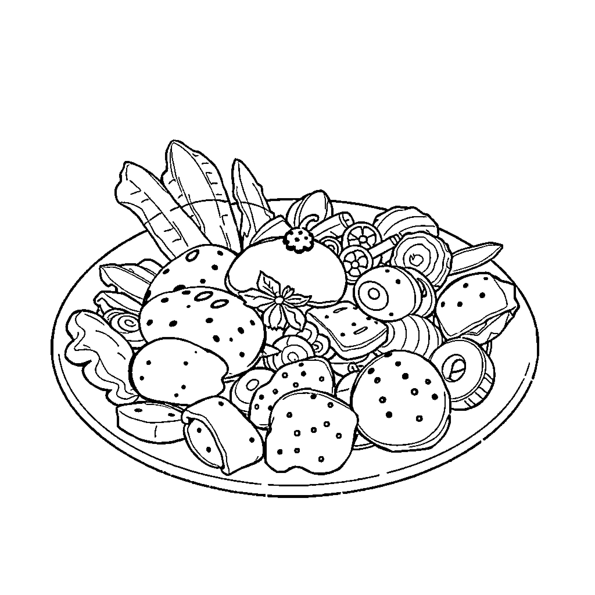 Full Plate of Diverse Snacks and Treats Coloring Page (free black-and-white line drawing printable PDF for all, from beginners to advanced learners, including children, teens, adults, and seniors)