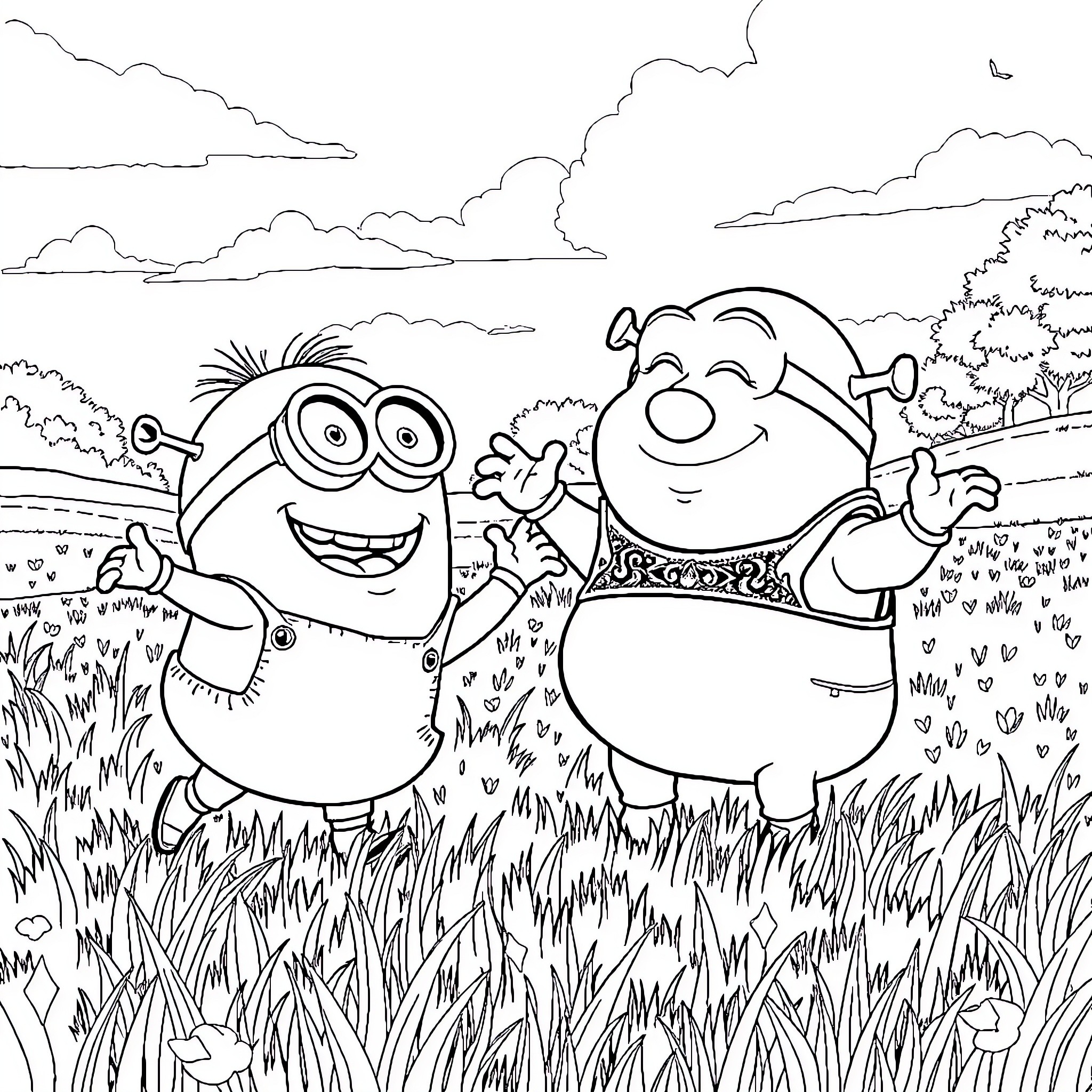 Minions having fun in the countryside Coloring Page (free black-and-white line drawing printable PDF for all, from beginners to advanced learners, including children, teens, adults, and seniors)