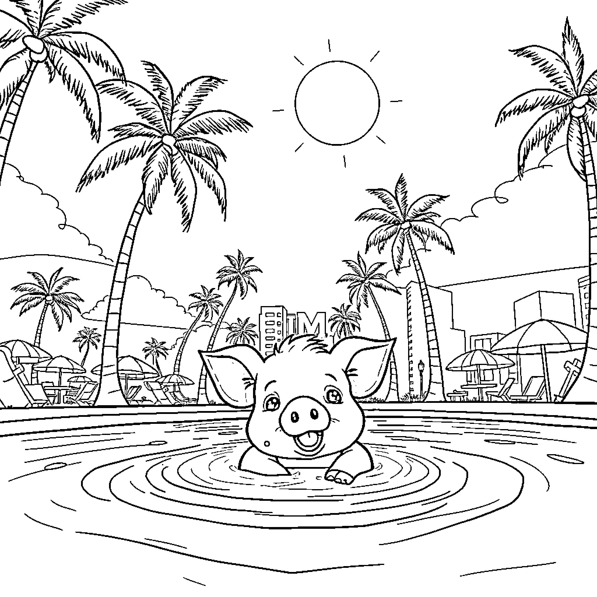 Piglet relaxing in tropical paradise Coloring Page (free black-and-white line drawing printable PDF for all, from beginners to advanced learners, including children, teens, adults, and seniors)