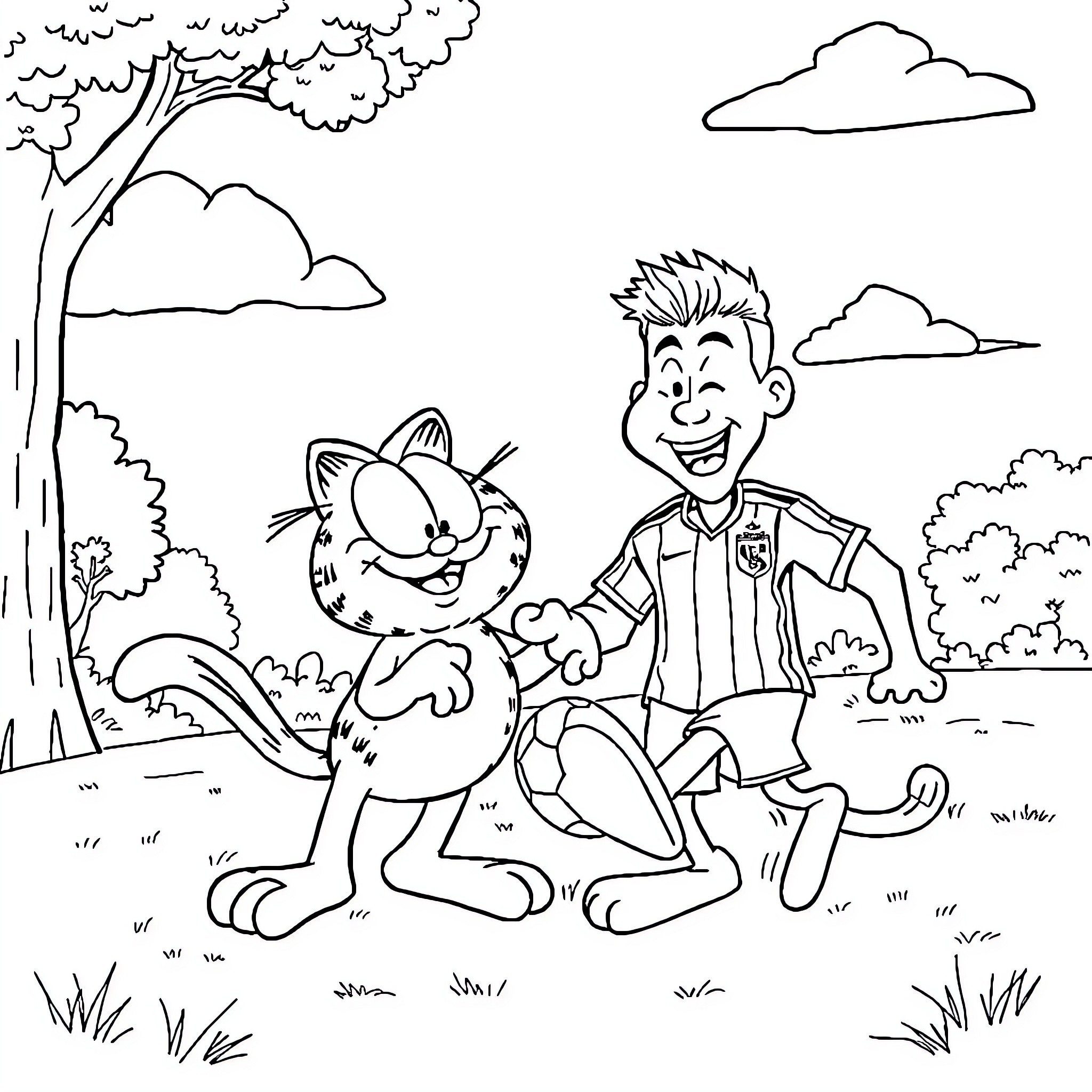Garfield and Boy Having Fun Outdoors Coloring Page (free black-and-white line drawing printable PDF for all, from beginners to advanced learners, including children, teens, adults, and seniors)