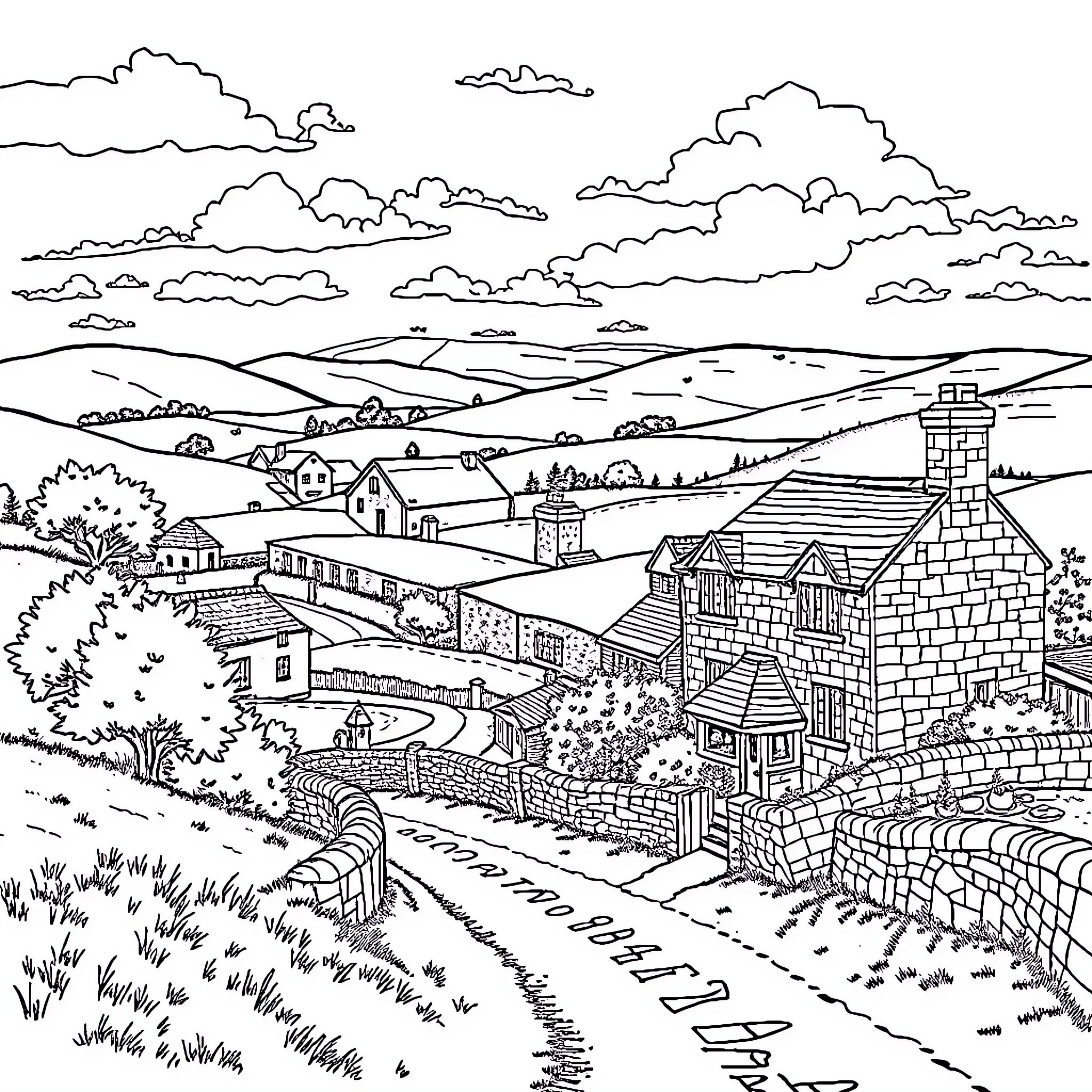 Yorkshire landscape with picturesque village and countryside Coloring Page (free black-and-white line drawing printable PDF for all, from beginners to advanced learners, including children, teens, adults, and seniors)