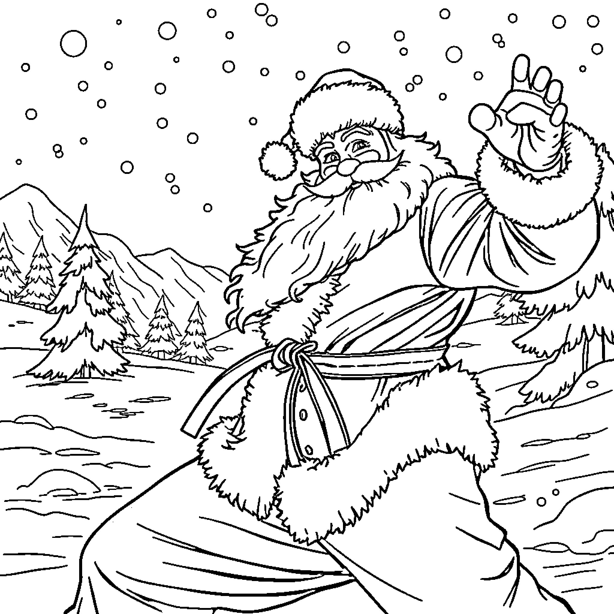 Santa waving joyfully in a winter wonderland Coloring Page (free black-and-white line drawing printable PDF for all, from beginners to advanced learners, including children, teens, adults, and seniors)