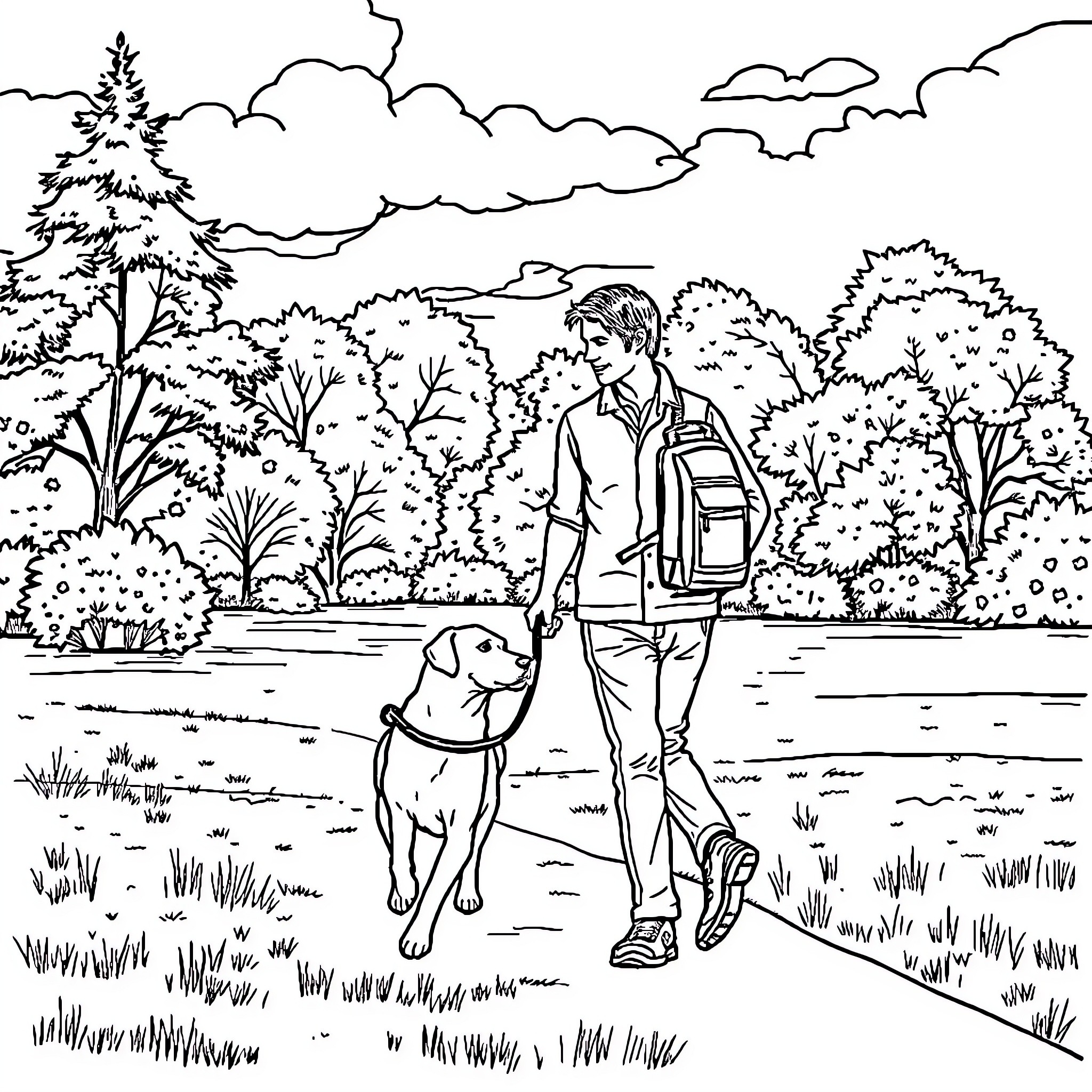 Man walking his dog in the forest Coloring Page (free black-and-white line drawing printable PDF for all, from beginners to advanced learners, including children, teens, adults, and seniors)