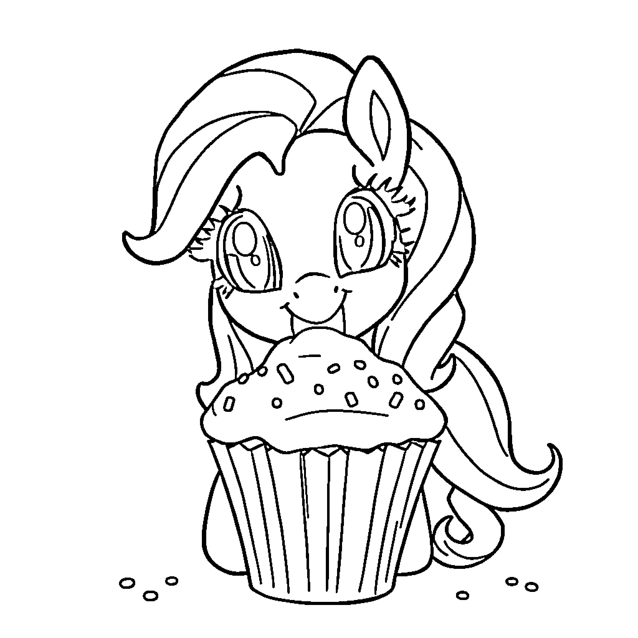 Cupcake-loving pony with big eyes and fluffy mane Coloring Page (free black-and-white line drawing printable PDF for all, from beginners to advanced learners, including children, teens, adults, and seniors)