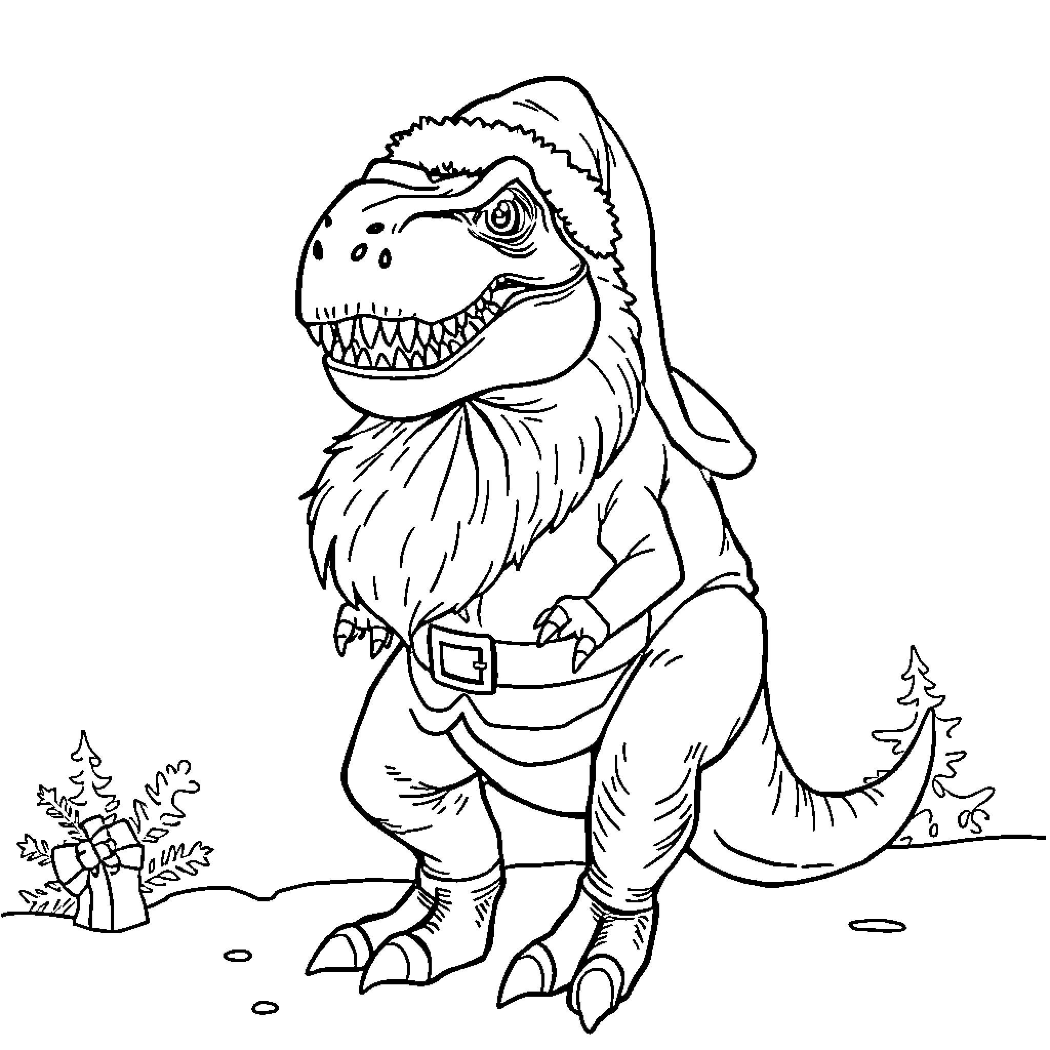 T-Rex wearing a Santa hat in a snowy landscape Coloring Page (free black-and-white line drawing printable PDF for all, from beginners to advanced learners, including children, teens, adults, and seniors)