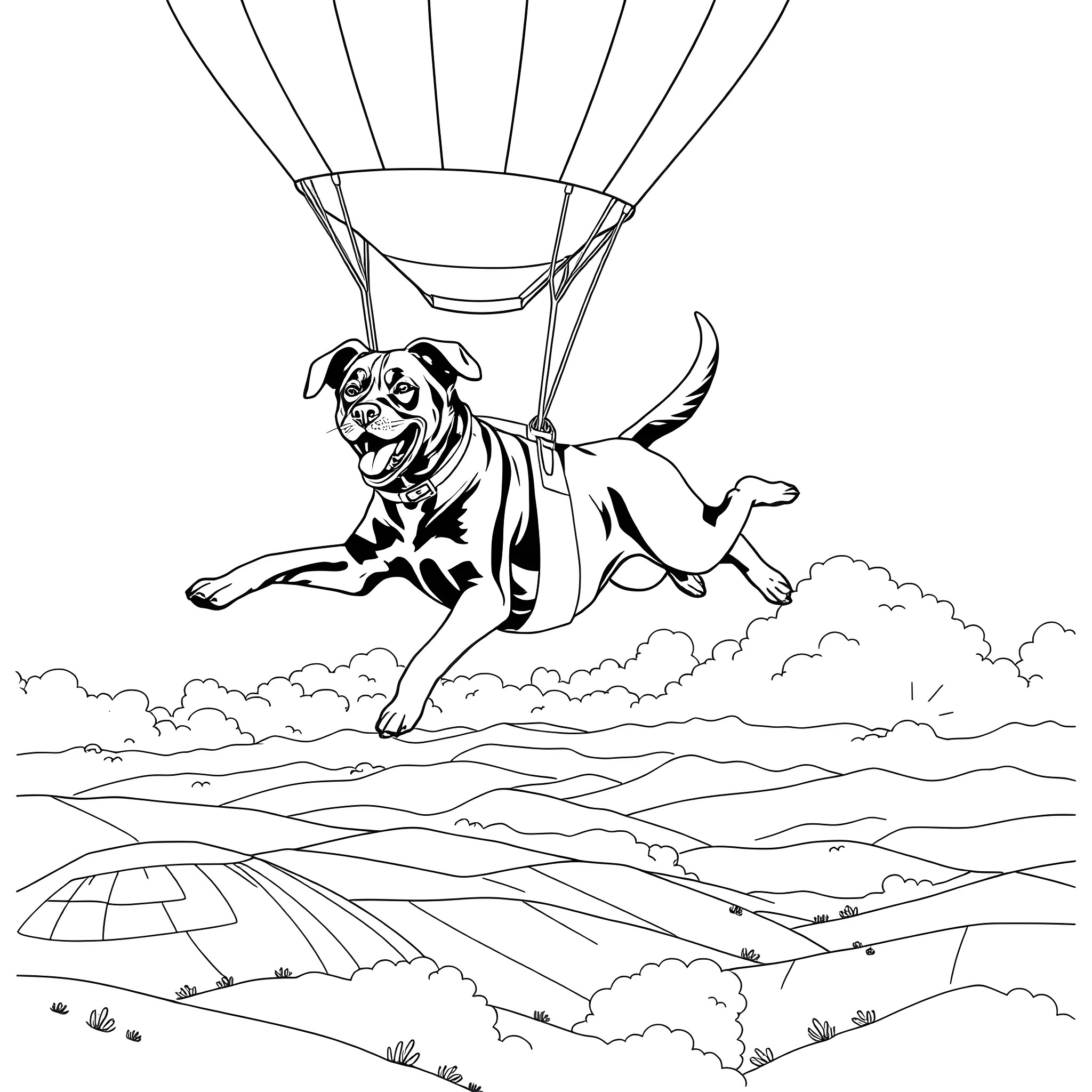 Dog flying with parachute over landscape Coloring Page (free black-and-white line drawing printable PDF for all, from beginners to advanced learners, including children, teens, adults, and seniors)