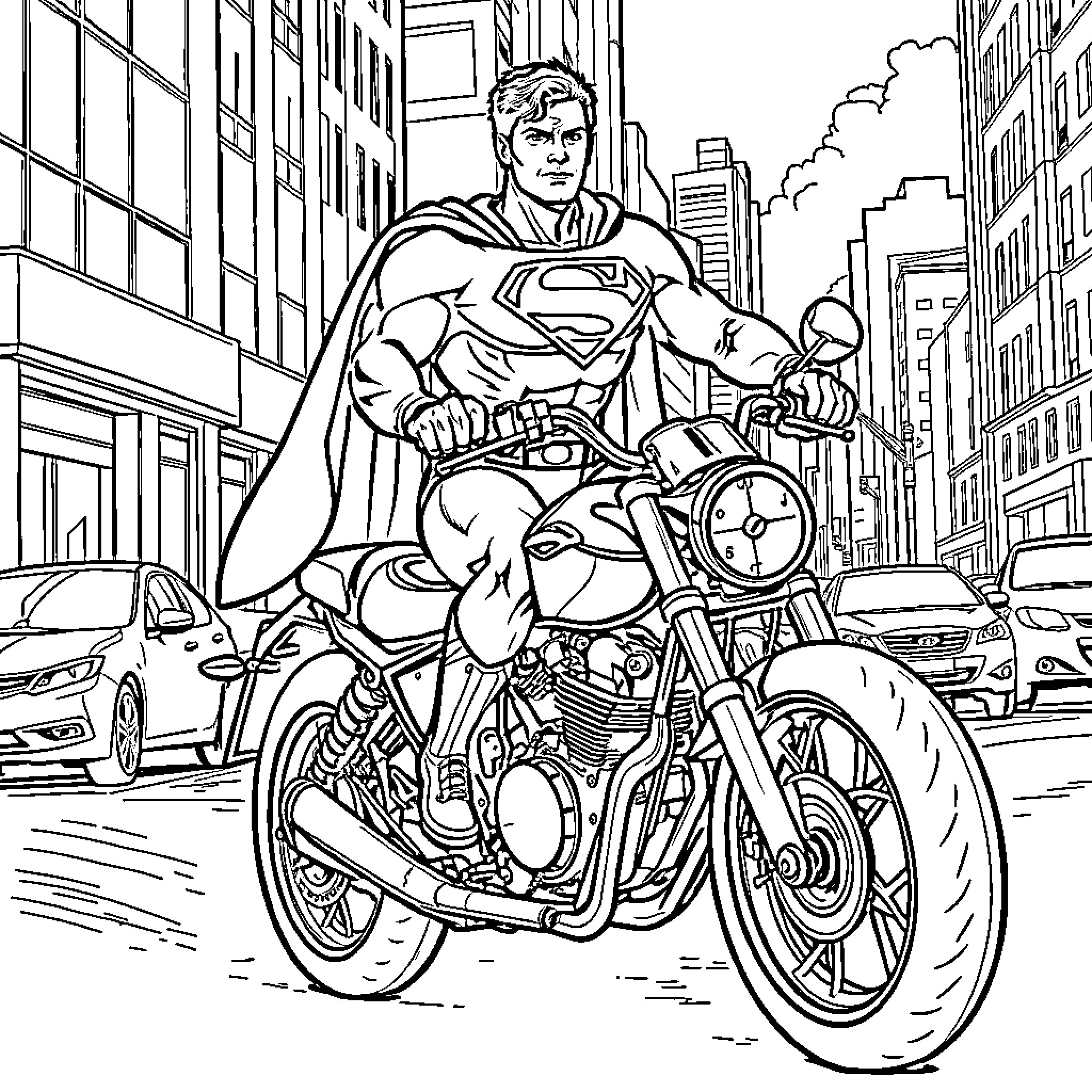 Superman rides his motorcycle through the city Coloring Page (free black-and-white line drawing printable PDF for all, from beginners to advanced learners, including children, teens, adults, and seniors)