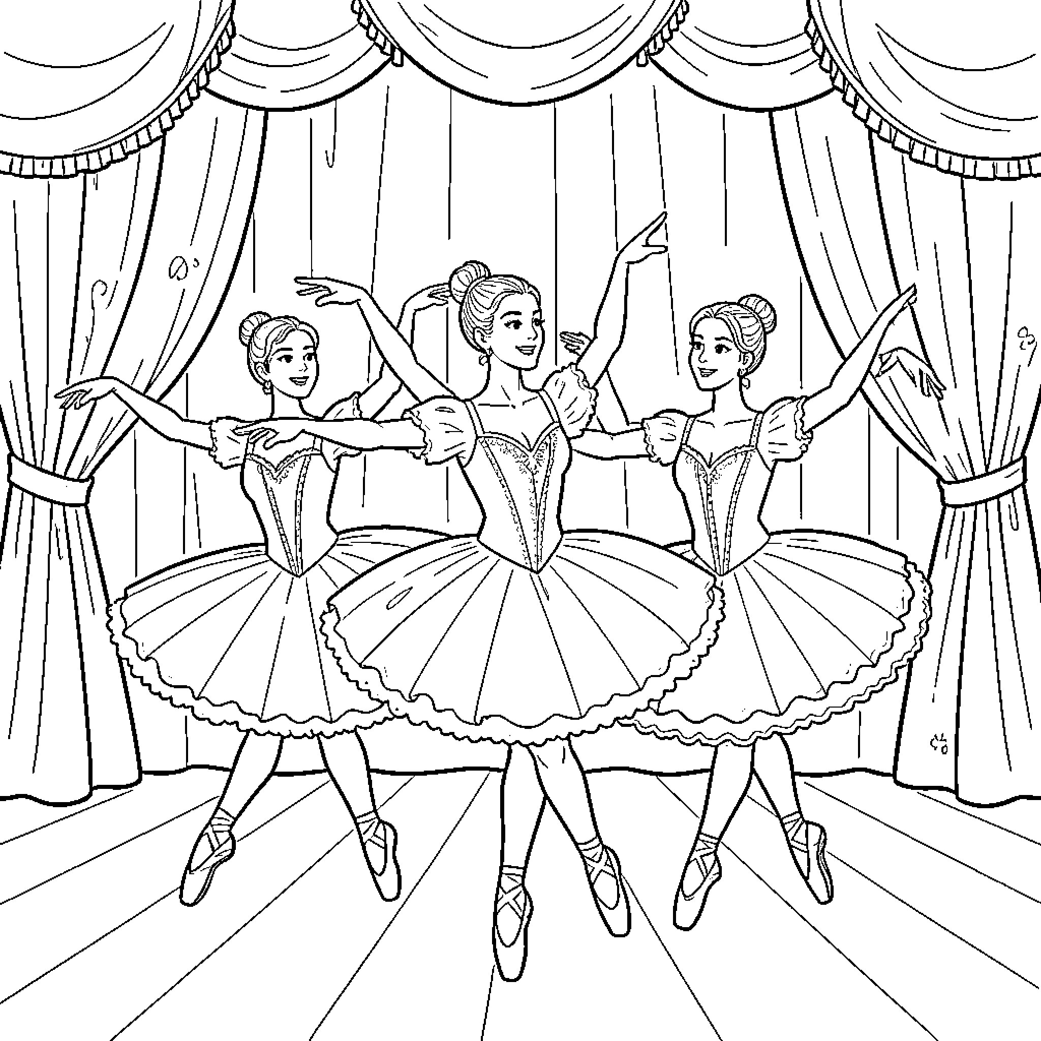 Pegasus Ballerinas Performing on Stage Coloring Page (free black-and-white line drawing printable PDF for all, from beginners to advanced learners, including children, teens, adults, and seniors)