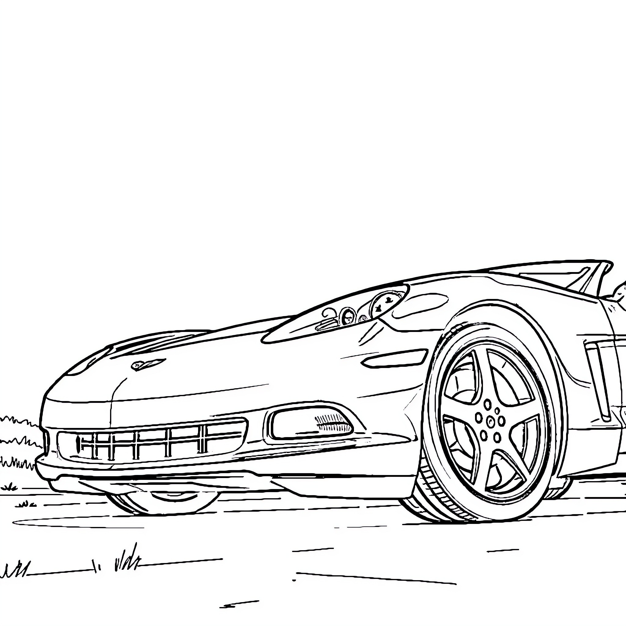 Corvette racing down the road Coloring Page (free black-and-white line drawing printable PDF for all, from beginners to advanced learners, including children, teens, adults, and seniors)