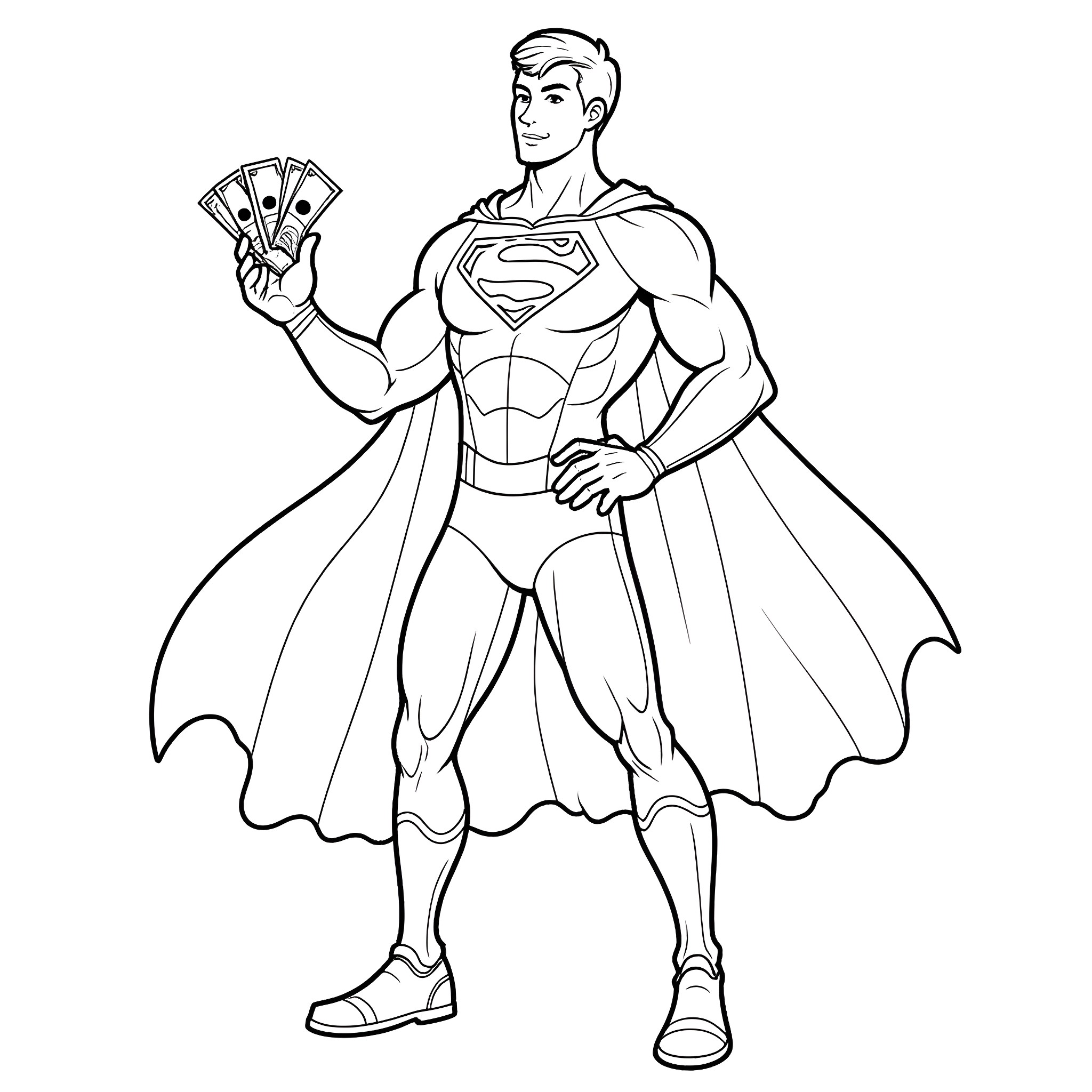 Superhero Flexing Muscles and Holding Cash Coloring Page (free black-and-white line drawing printable PDF for all, from beginners to advanced learners, including children, teens, adults, and seniors)