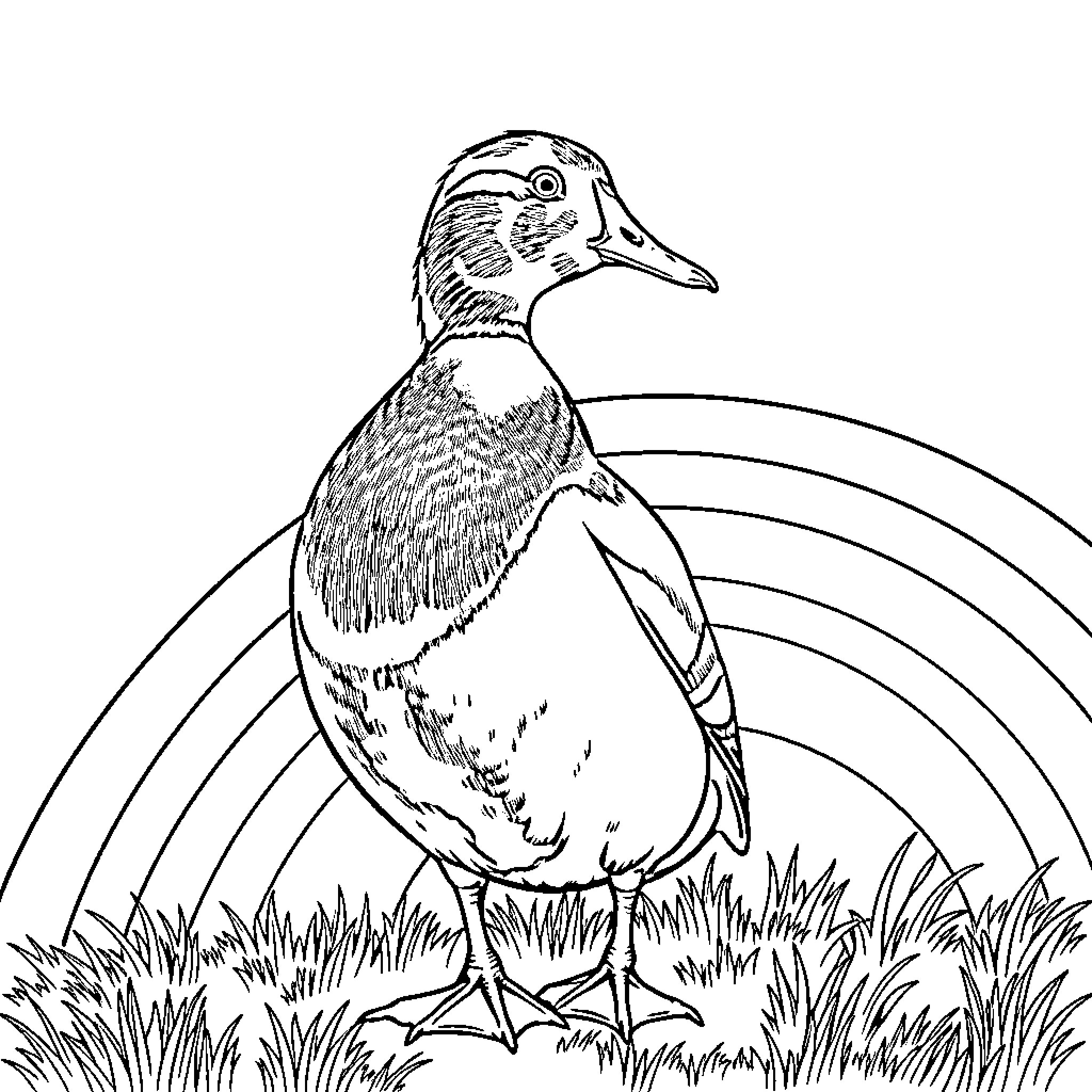 Duck standing calmly in grassy field Coloring Page (free black-and-white line drawing printable PDF for all, from beginners to advanced learners, including children, teens, adults, and seniors)