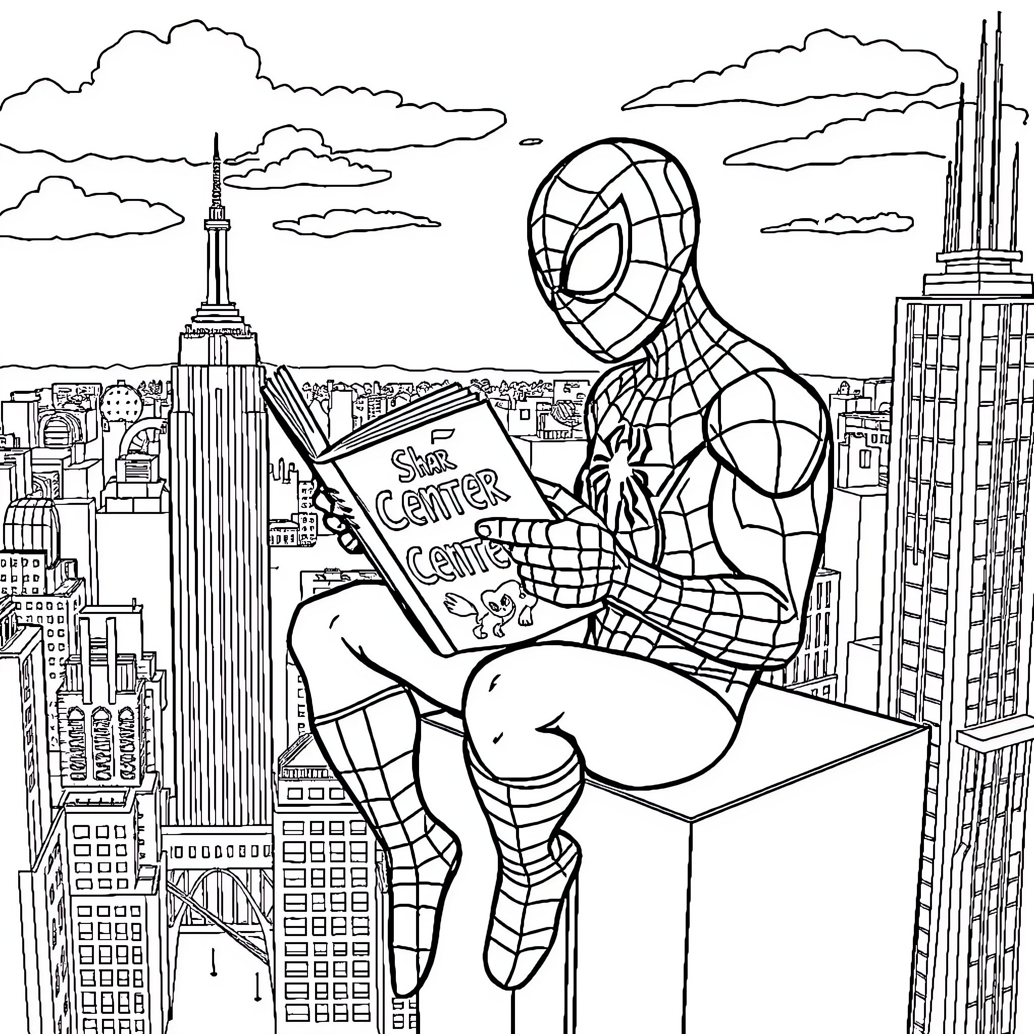Spiderman reading comic book atop New York City skyscrapers Coloring Page (free black-and-white line drawing printable PDF for all, from beginners to advanced learners, including children, teens, adults, and seniors)