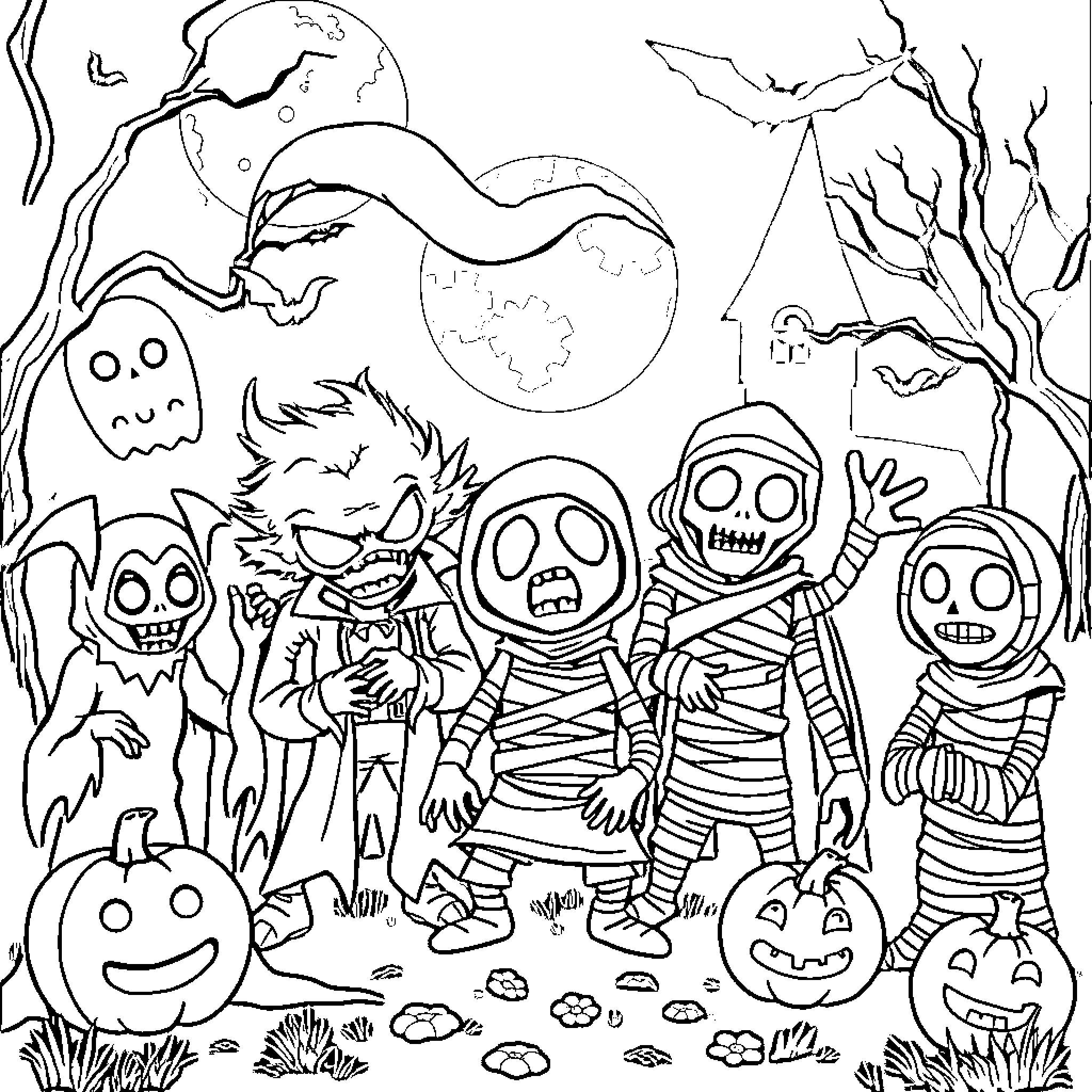 Monster Mischief in the Haunted Forest Coloring Page (free black-and-white line drawing printable PDF for all, from beginners to advanced learners, including children, teens, adults, and seniors)