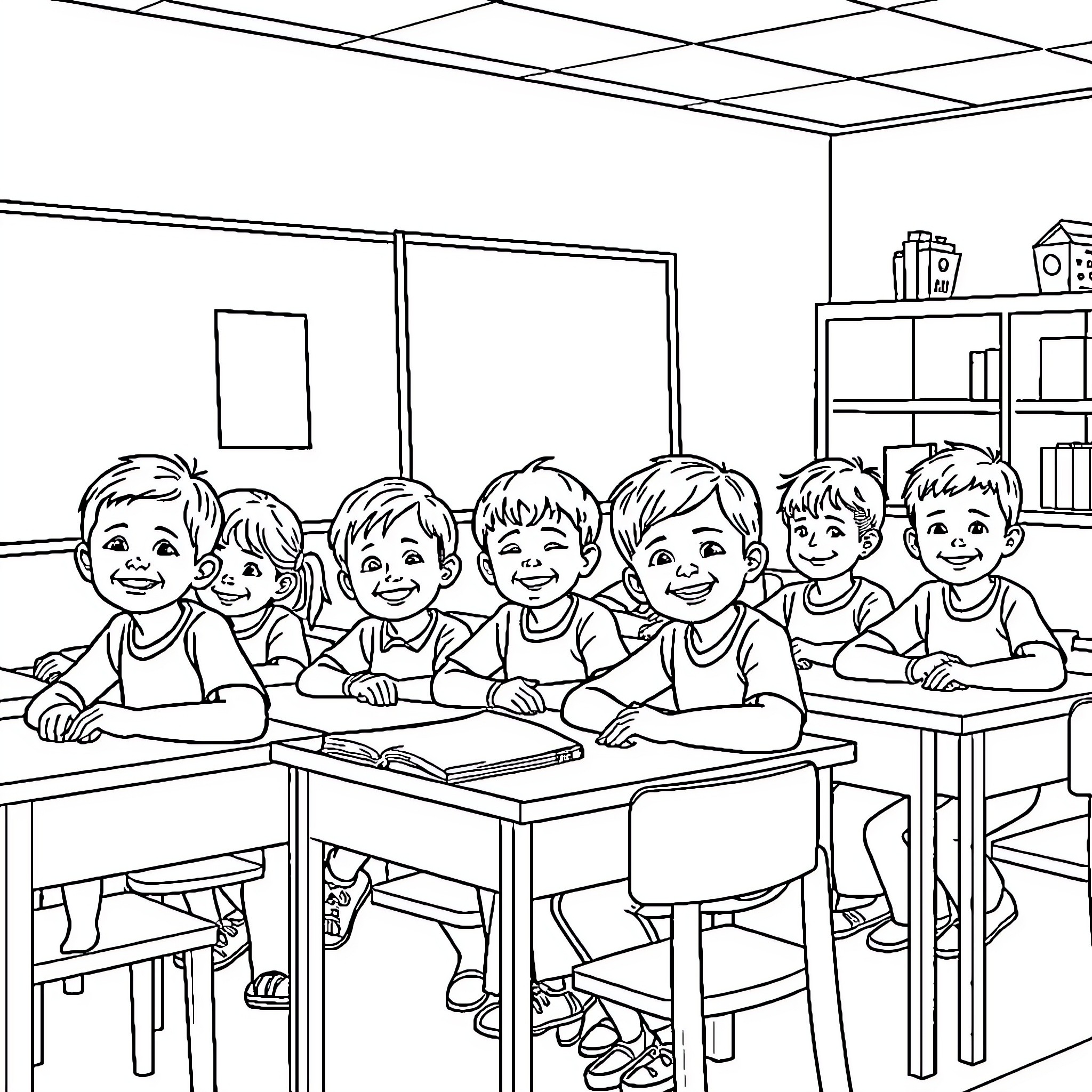Students learning together in the classroom Coloring Page (free black-and-white line drawing printable PDF for all, from beginners to advanced learners, including children, teens, adults, and seniors)