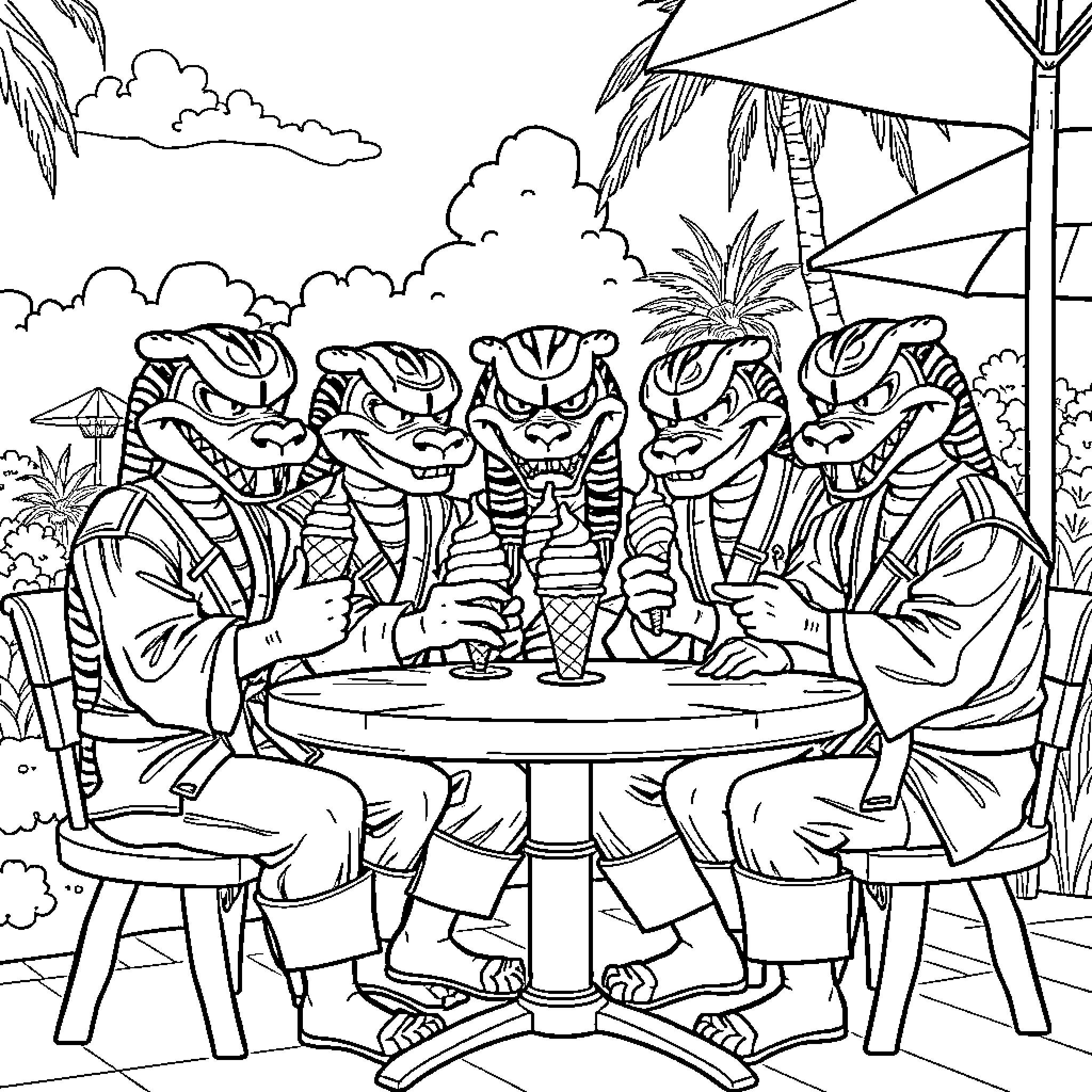 Kobra Kai Martial Artists Enjoying Drinks on Tropical Patio Coloring Page (free black-and-white line drawing printable PDF for all, from beginners to advanced learners, including children, teens, adults, and seniors)