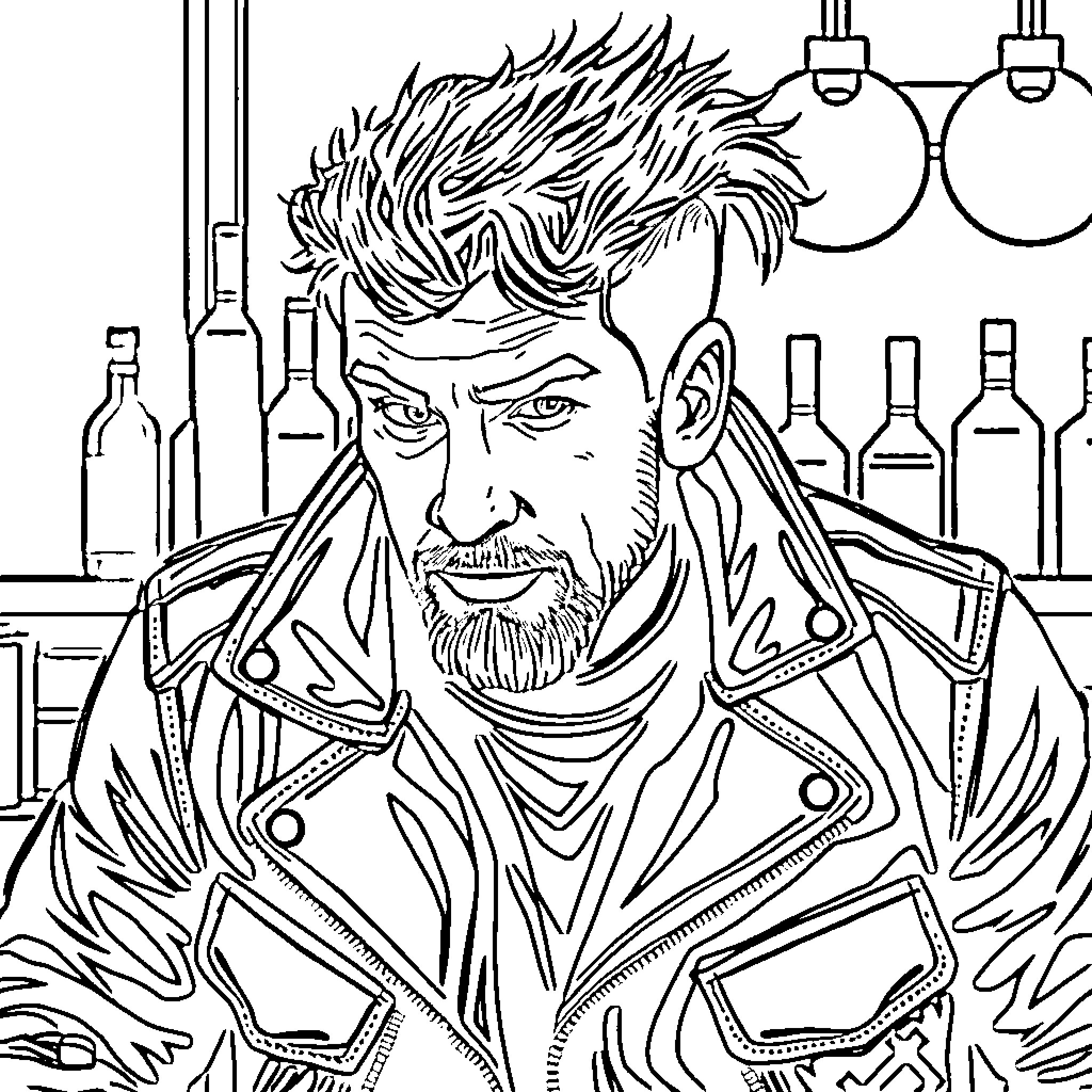 Barman serving drinks at the bar Coloring Page (free black-and-white line drawing printable PDF for all, from beginners to advanced learners, including children, teens, adults, and seniors)