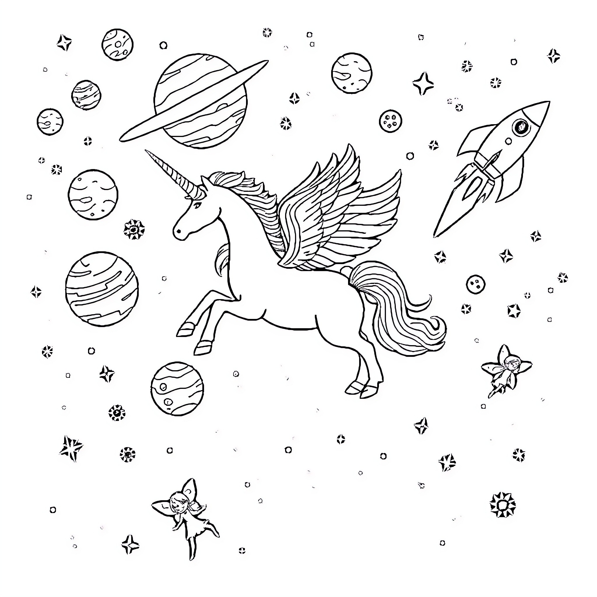 Unicorn flying through the cosmic universe Coloring Page (free black-and-white line drawing printable PDF for all, from beginners to advanced learners, including children, teens, adults, and seniors)