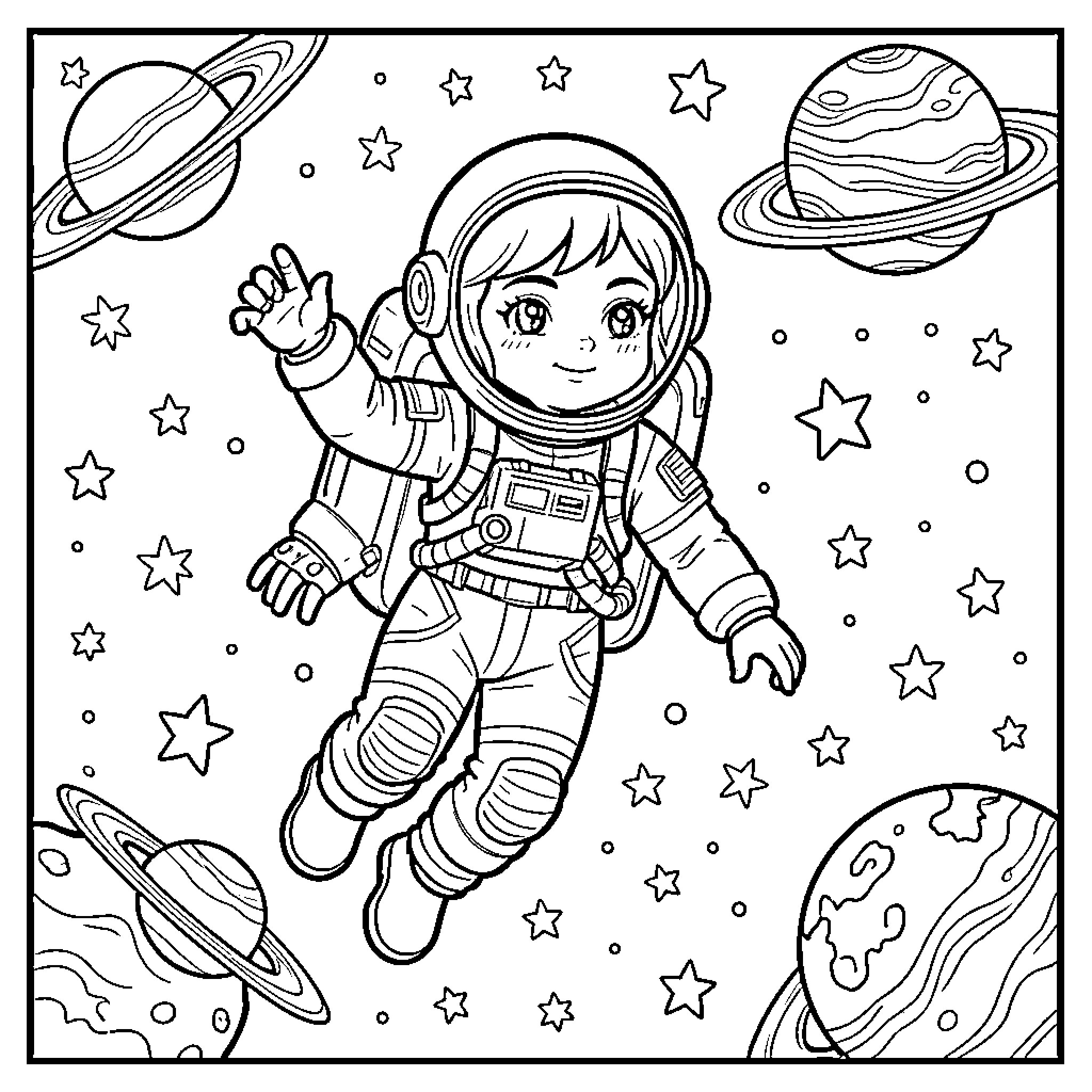 Astronaut exploring the wonders of outer space Coloring Page (free black-and-white line drawing printable PDF for all, from beginners to advanced learners, including children, teens, adults, and seniors)