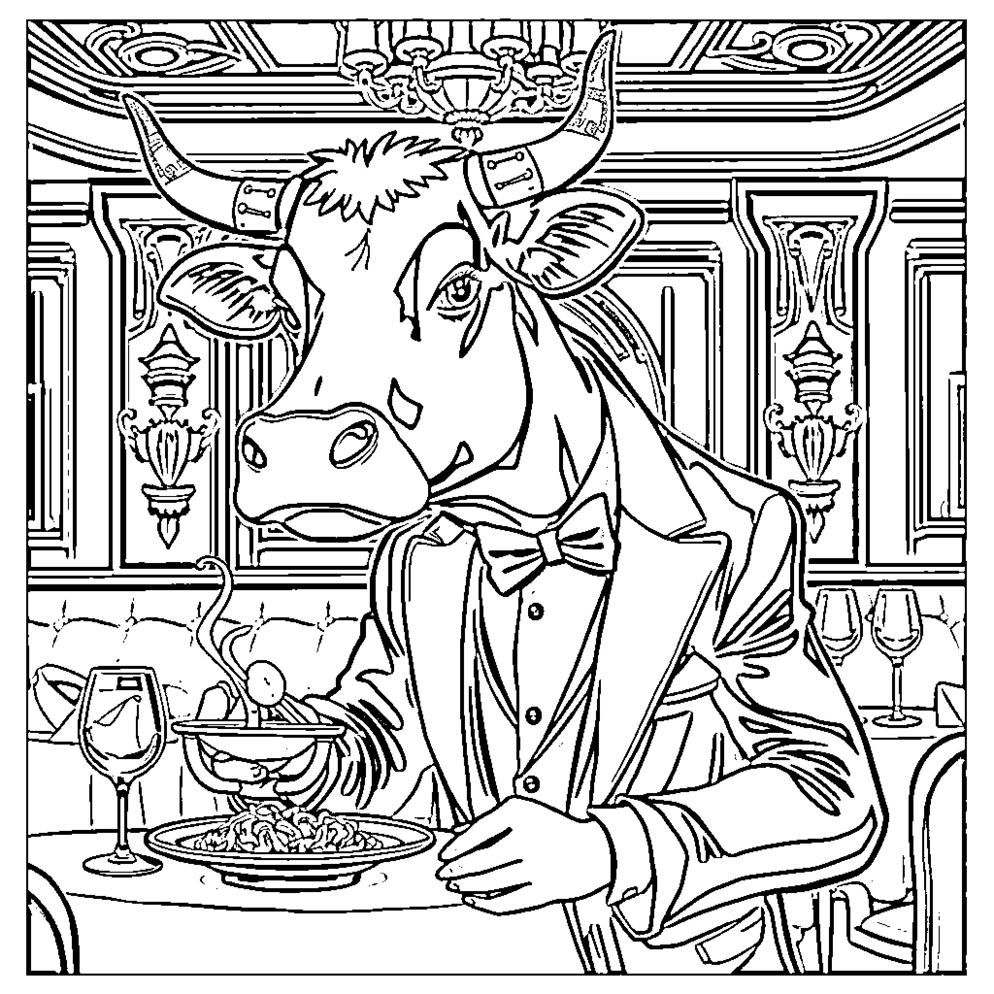 Cow enjoying a fancy dinner in a elegant setting Coloring Page (free black-and-white line drawing printable PDF for all, from beginners to advanced learners, including children, teens, adults, and seniors)