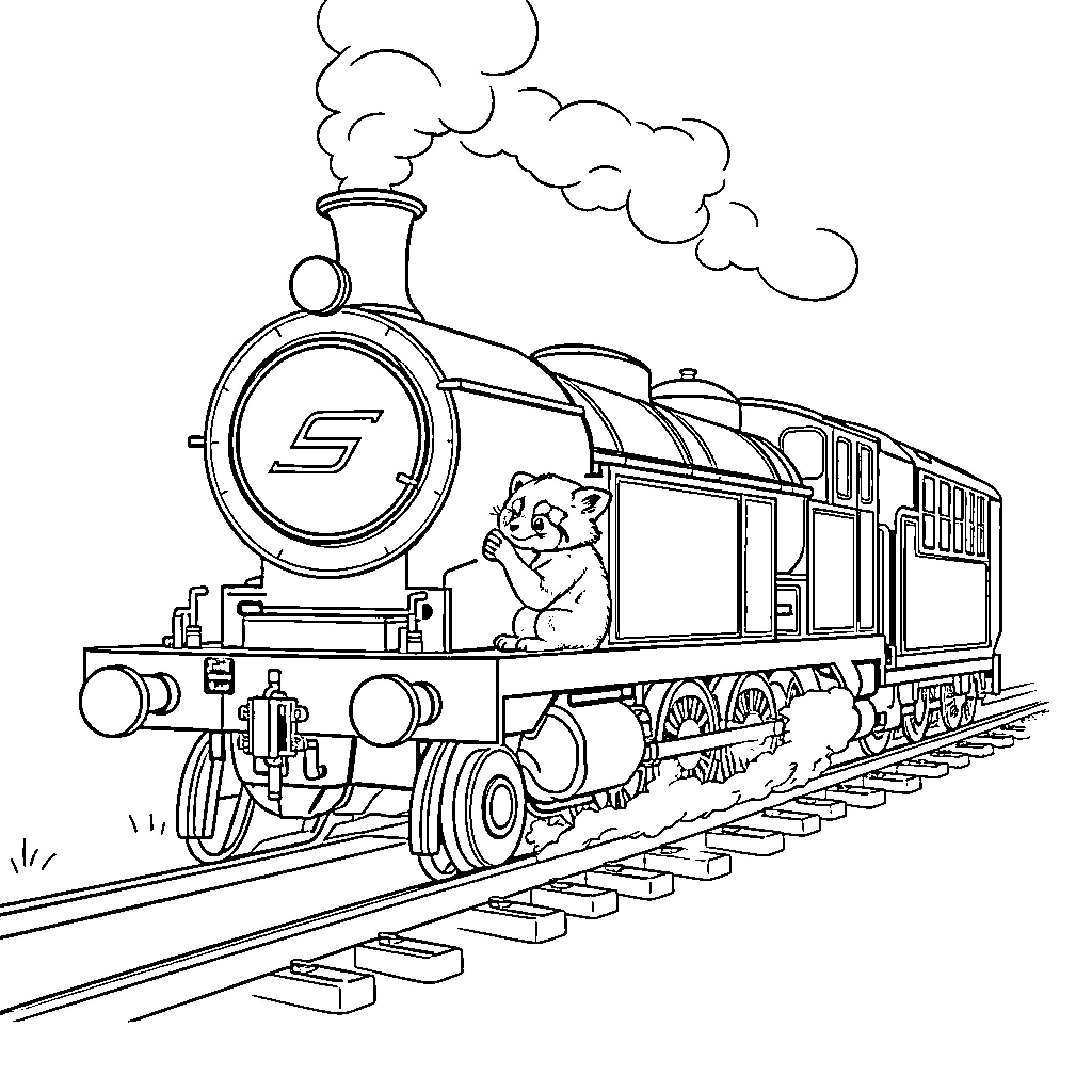 Scotsman operating a steam locomotive on the rails Coloring Page (free black-and-white line drawing printable PDF for all, from beginners to advanced learners, including children, teens, adults, and seniors)