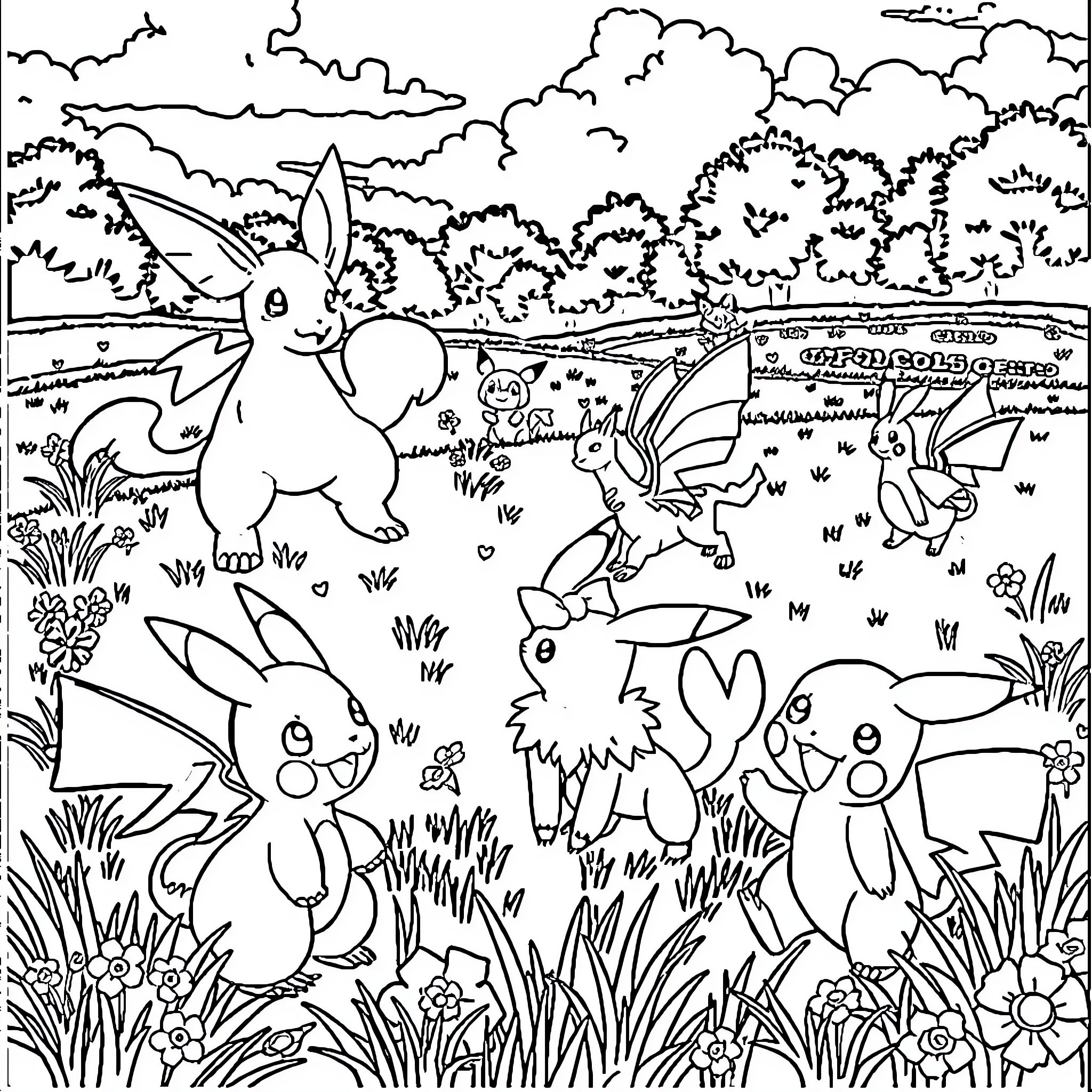 Pokémon characters exploring a lush outdoor scene Coloring Page (free black-and-white line drawing printable PDF for all, from beginners to advanced learners, including children, teens, adults, and seniors)