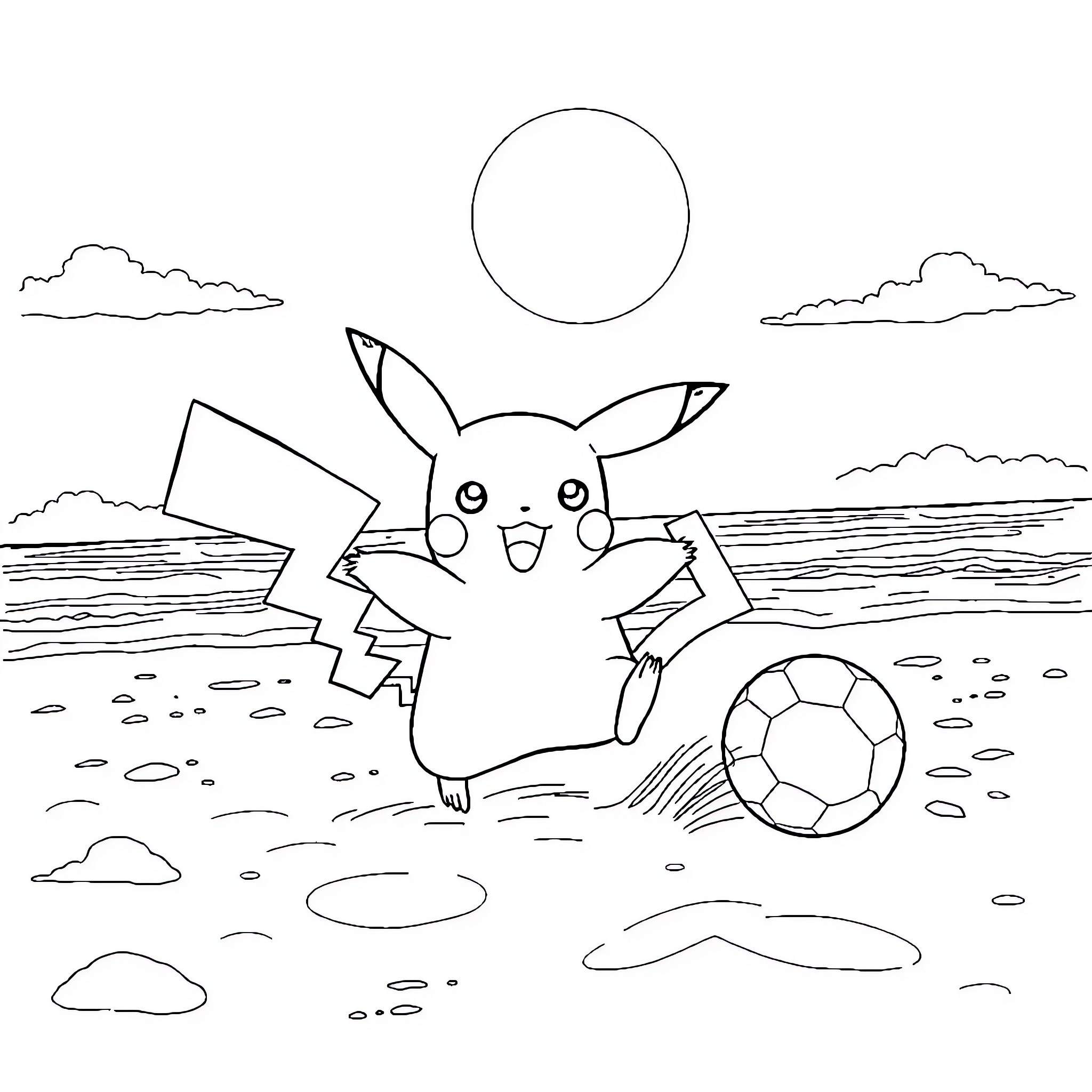 Pikachu playing soccer on the beach Coloring Page (free black-and-white line drawing printable PDF for all, from beginners to advanced learners, including children, teens, adults, and seniors)