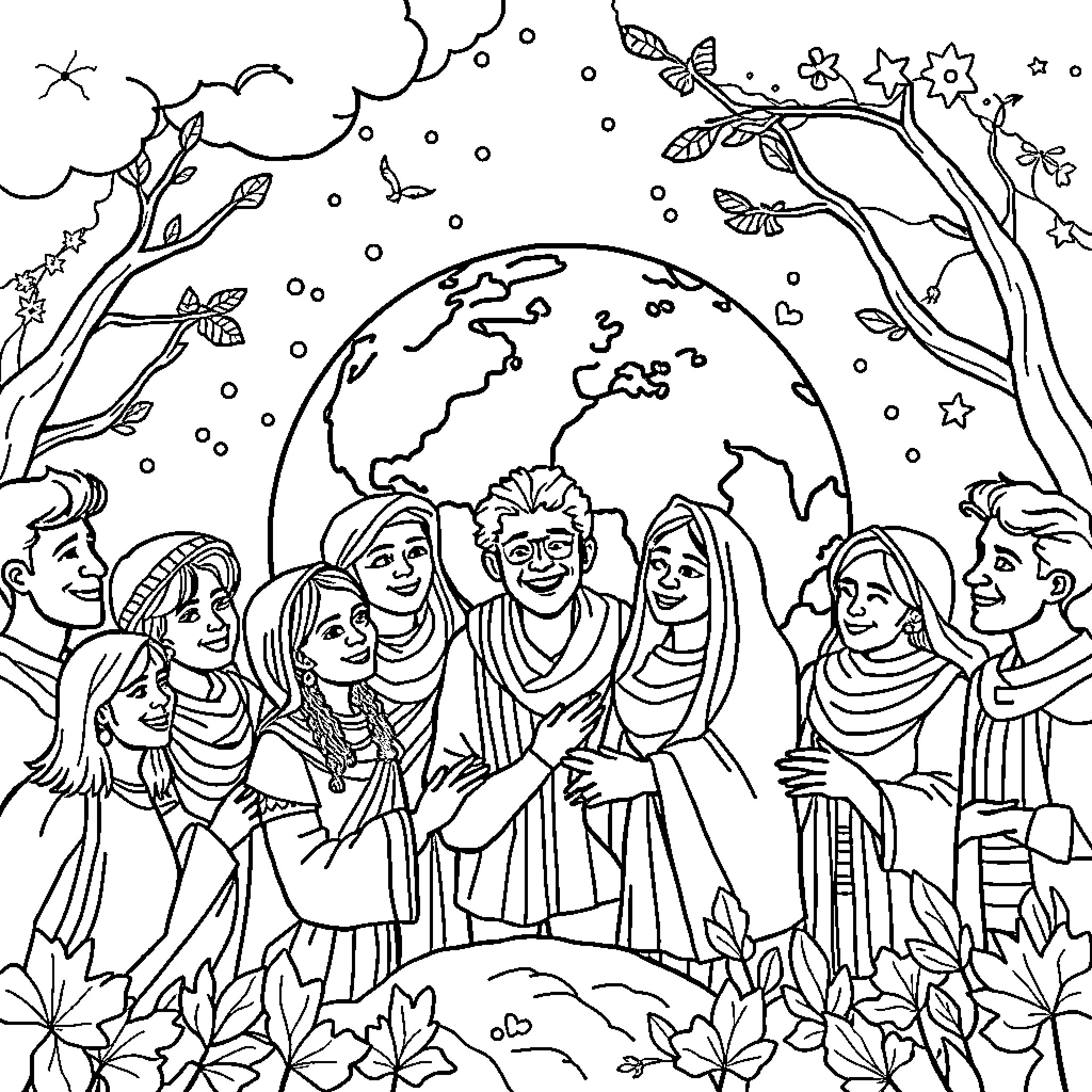Peace amid a global community Coloring Page (free black-and-white line drawing printable PDF for all, from beginners to advanced learners, including children, teens, adults, and seniors)