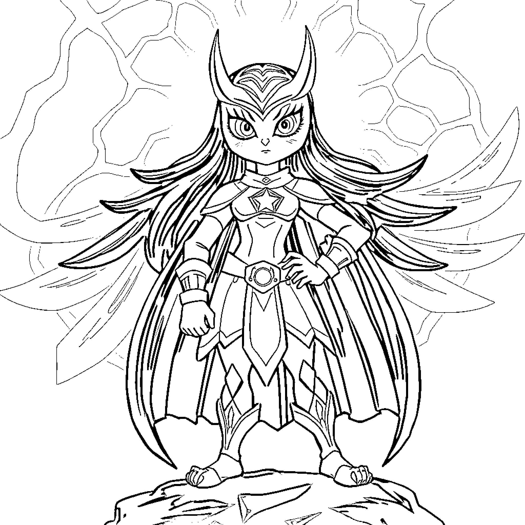 Luz, the heroic warrior in battle stance Coloring Page (free black-and-white line drawing printable PDF for all, from beginners to advanced learners, including children, teens, adults, and seniors)