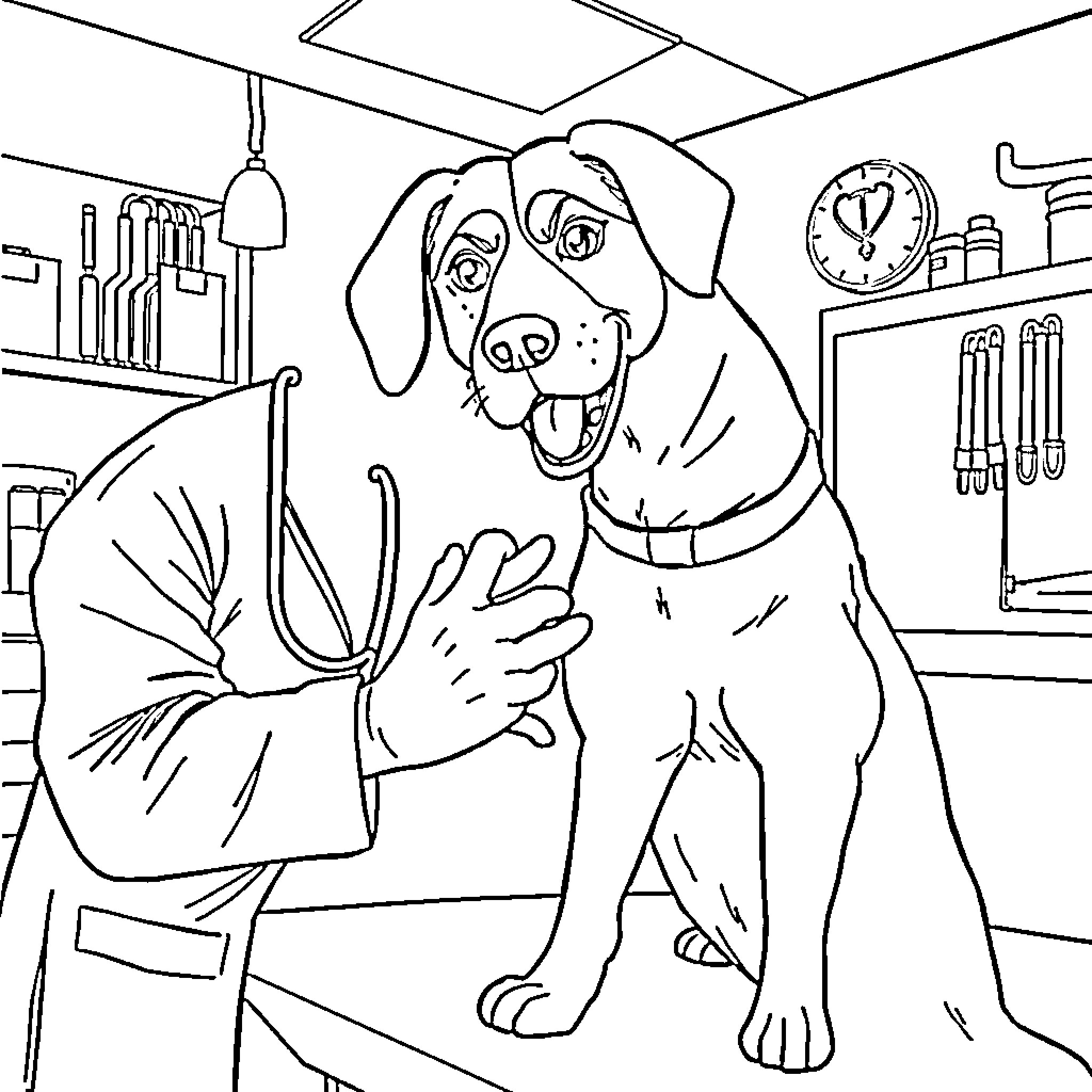 Dog eagerly greeting veterinarian in exam room Coloring Page (free black-and-white line drawing printable PDF for all, from beginners to advanced learners, including children, teens, adults, and seniors)