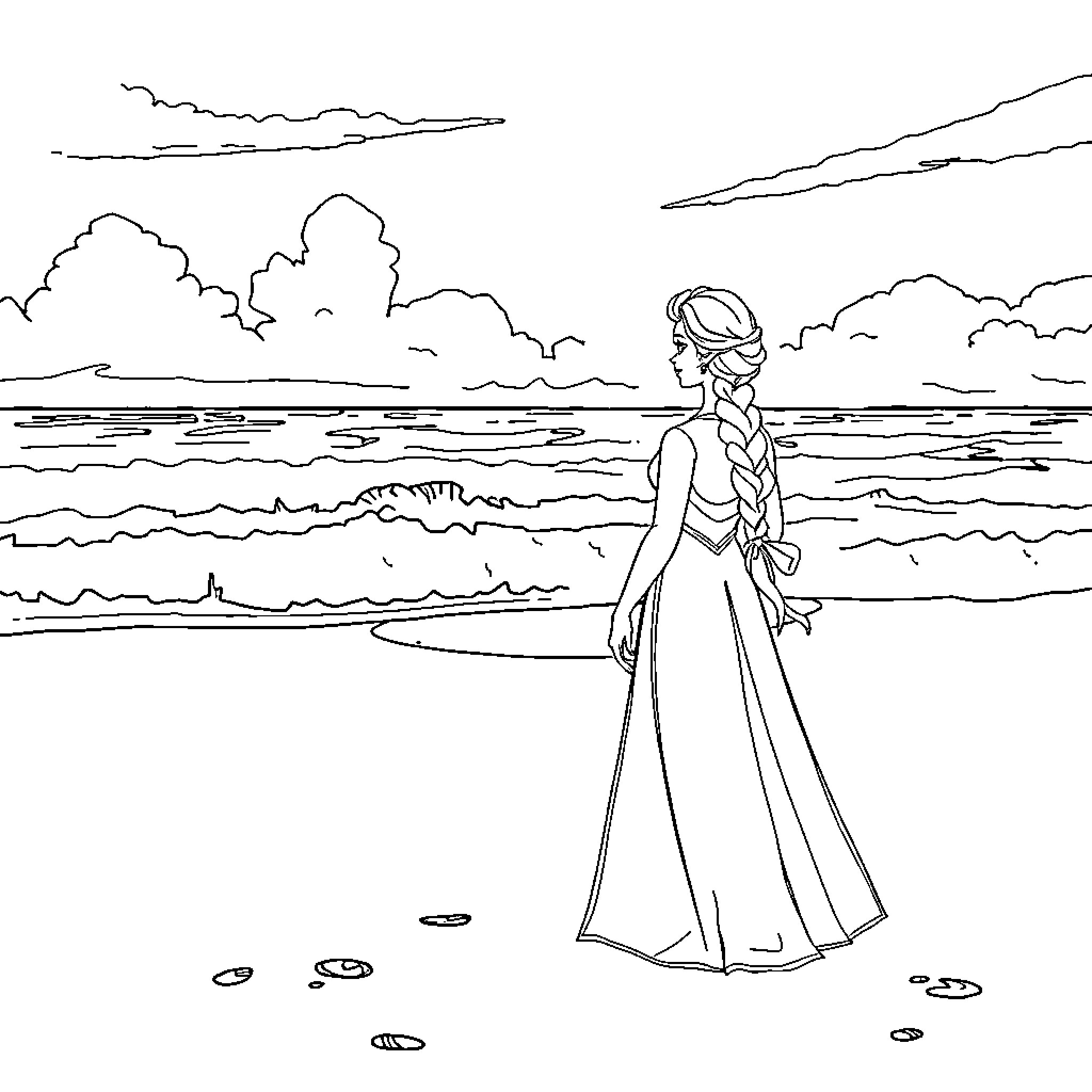 Elsa standing peacefully by the ocean waves Coloring Page (free black-and-white line drawing printable PDF for all, from beginners to advanced learners, including children, teens, adults, and seniors)