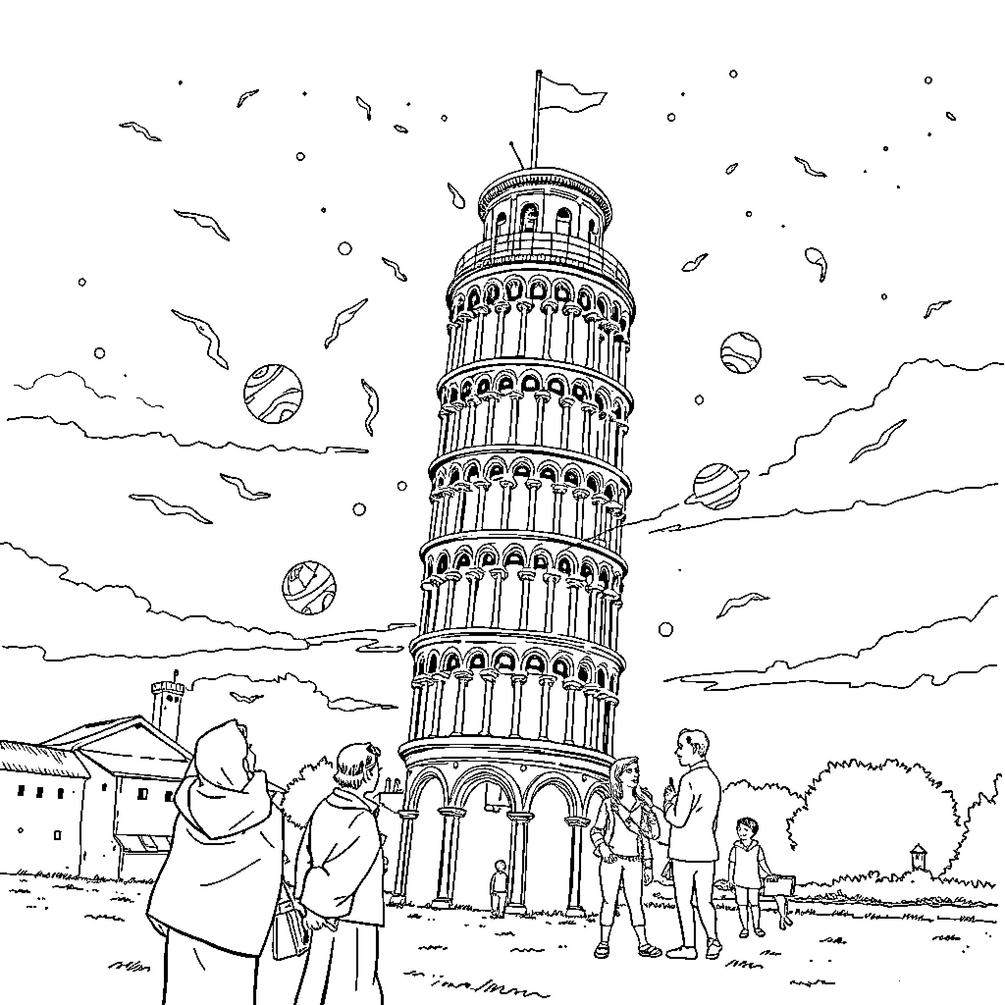 Galileo's Leaning Tower of Pisa amid Cosmic Whimsy Coloring Page (free black-and-white line drawing printable PDF for all, from beginners to advanced learners, including children, teens, adults, and seniors)