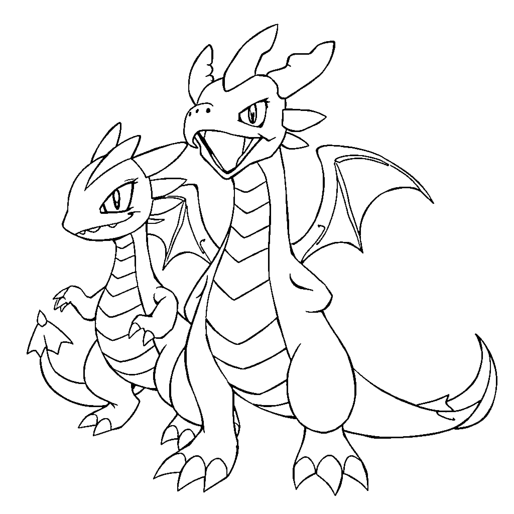 Dragonite duo in animated illustration Coloring Page (free black-and-white line drawing printable PDF for all, from beginners to advanced learners, including children, teens, adults, and seniors)