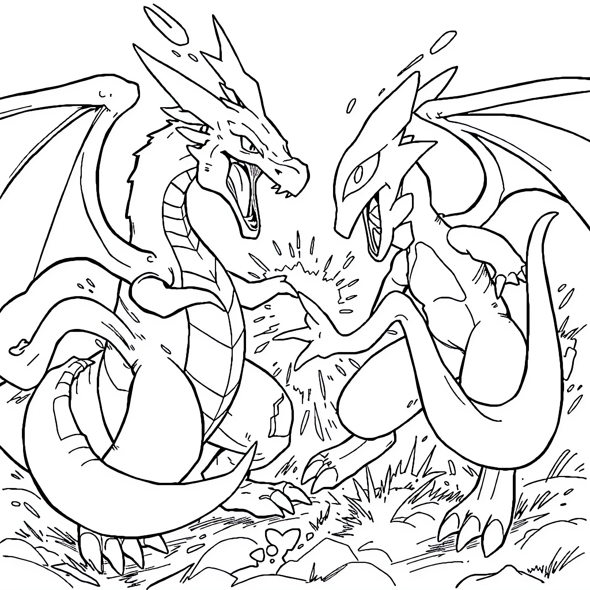 Dragonite in fierce battle with another dragon Coloring Page (free black-and-white line drawing printable PDF for all, from beginners to advanced learners, including children, teens, adults, and seniors)
