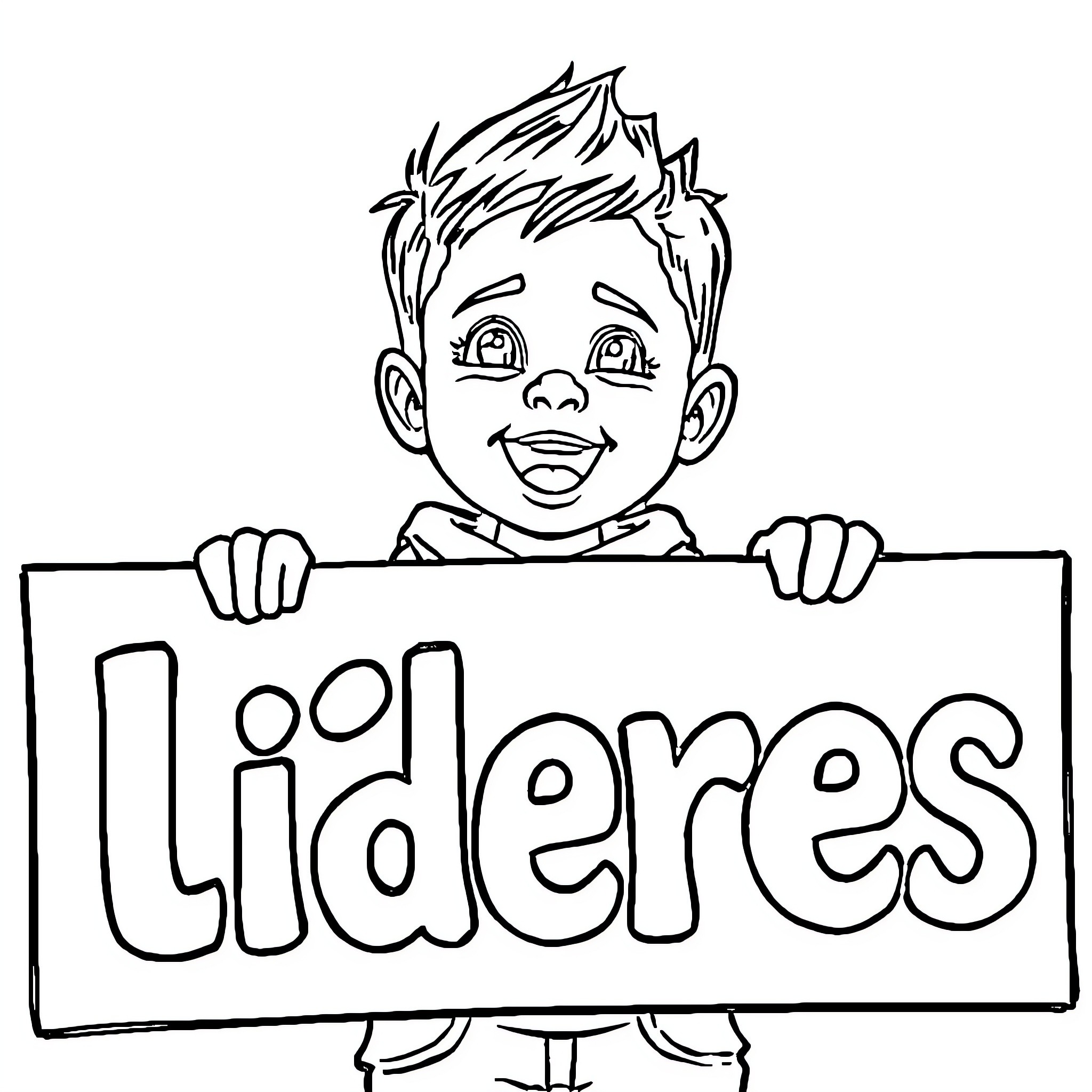 Niño holding a sign with the word 'Lideres' Coloring Page (free black-and-white line drawing printable PDF for all, from beginners to advanced learners, including children, teens, adults, and seniors)