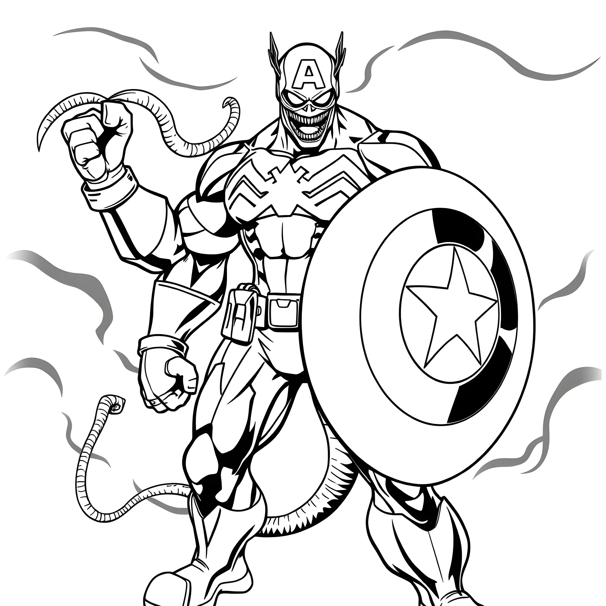 Captain Venom in Action Pose with Shield Coloring Page (free black-and-white line drawing printable PDF for all, from beginners to advanced learners, including children, teens, adults, and seniors)