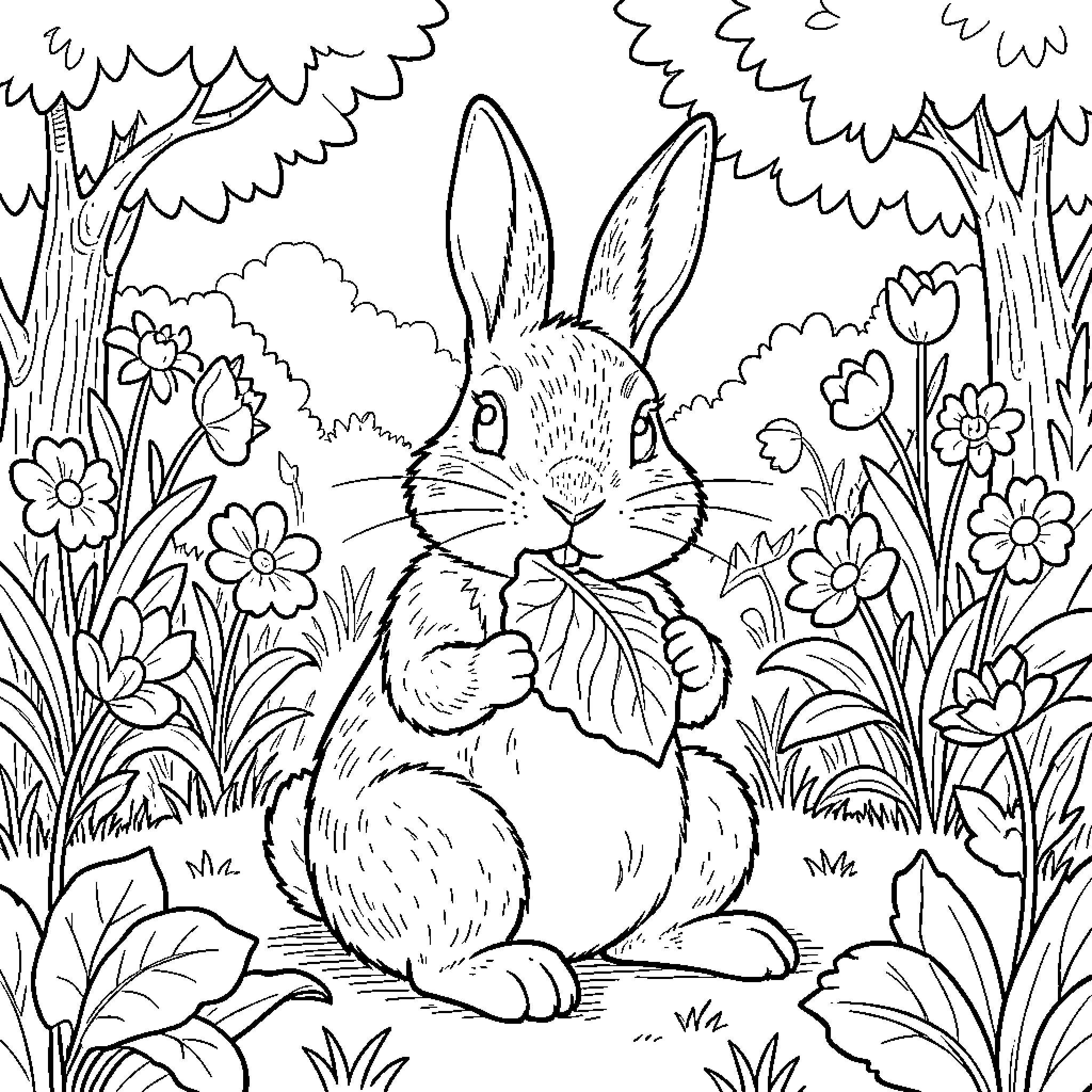 Peter Rabbit sitting and eating a large leaf Coloring Page (free black-and-white line drawing printable PDF for all, from beginners to advanced learners, including children, teens, adults, and seniors)