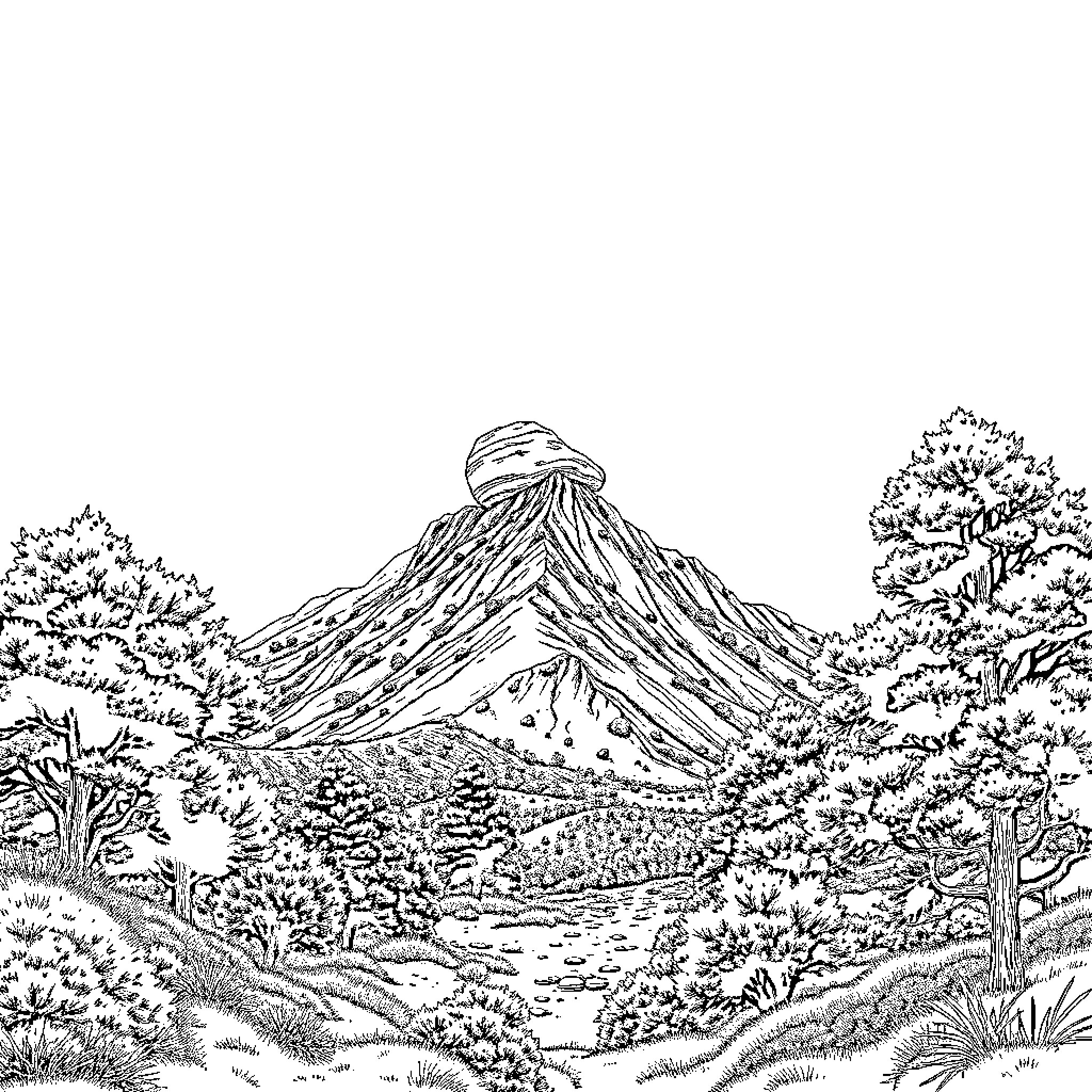 Sierra de Tandil: Hikers Exploring Scenic Mountain Landscape Coloring Page (free black-and-white line drawing printable PDF for all, from beginners to advanced learners, including children, teens, adults, and seniors)