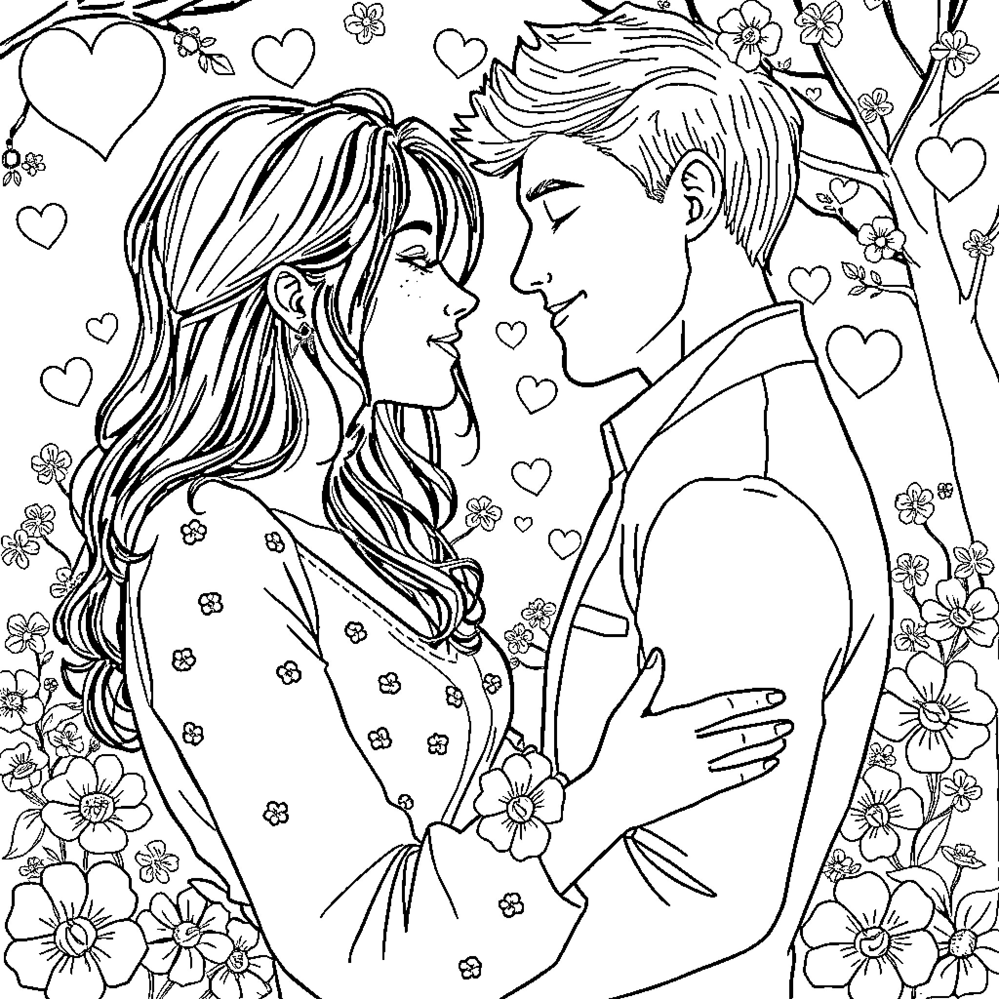 Love's Tender Embrace Amid Floral Adornments Coloring Page (free black-and-white line drawing printable PDF for all, from beginners to advanced learners, including children, teens, adults, and seniors)