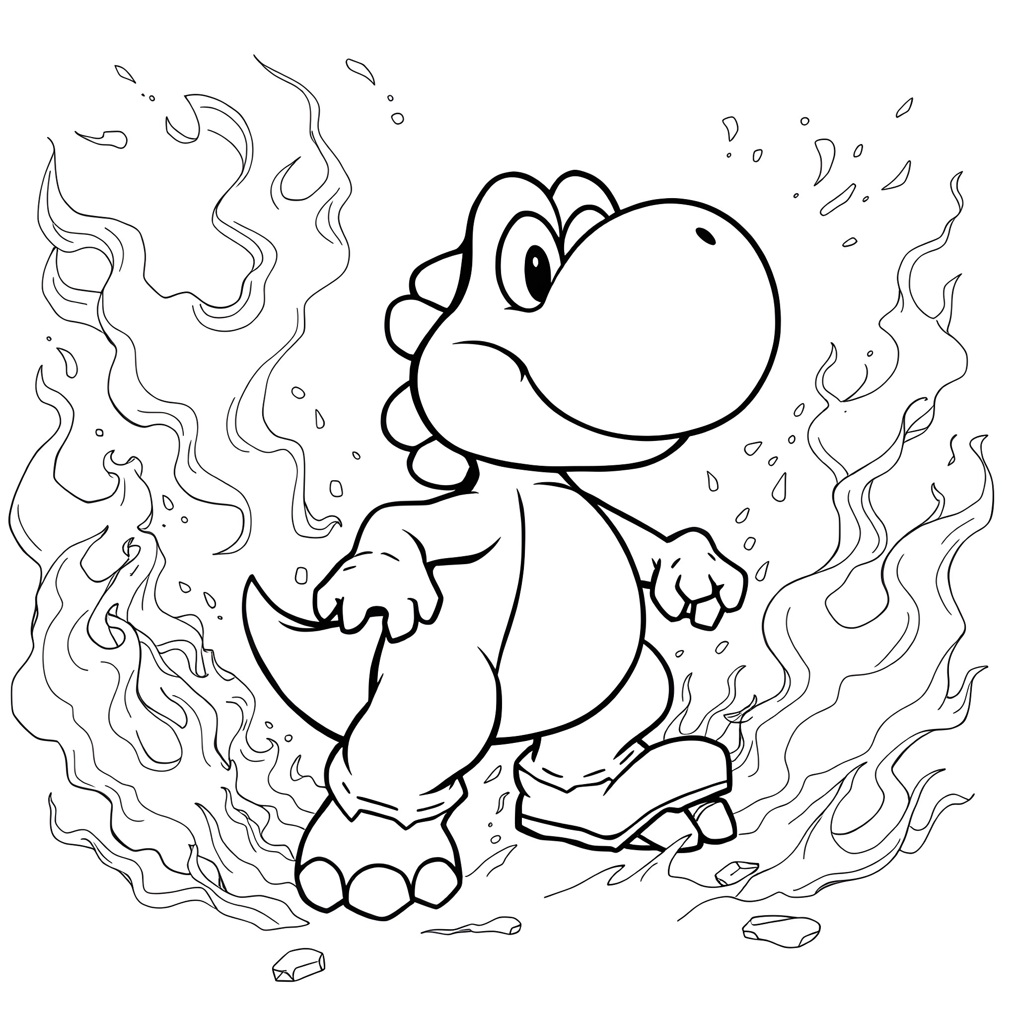 Yoshi roasting marshmallows over a campfire Coloring Page (free black-and-white line drawing printable PDF for all, from beginners to advanced learners, including children, teens, adults, and seniors)