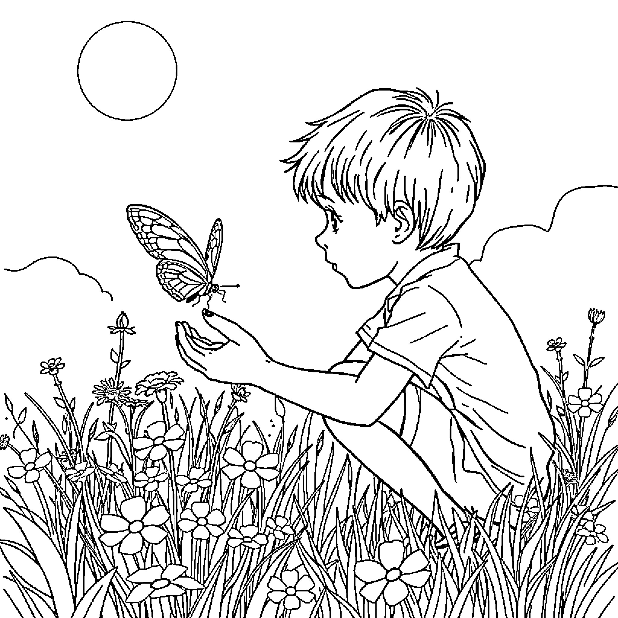 Boy observing a butterfly in a flower field Coloring Page (free black-and-white line drawing printable PDF for all, from beginners to advanced learners, including children, teens, adults, and seniors)