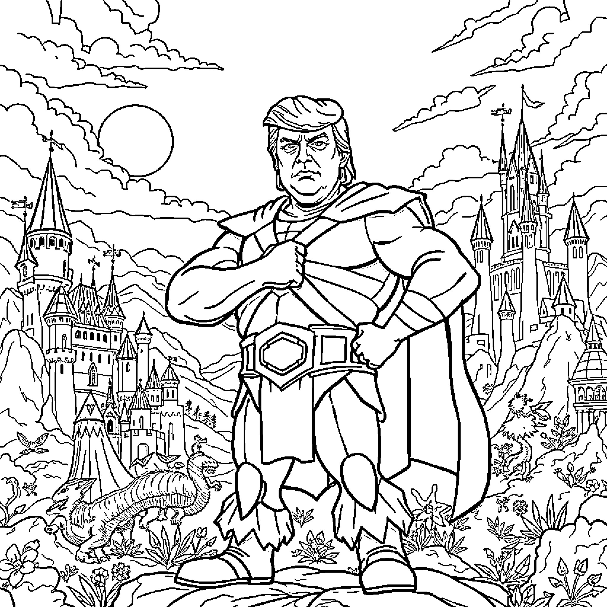 Donald Trump in a Heroic Pose with Fantasy Castles Coloring Page (free black-and-white line drawing printable PDF for all, from beginners to advanced learners, including children, teens, adults, and seniors)