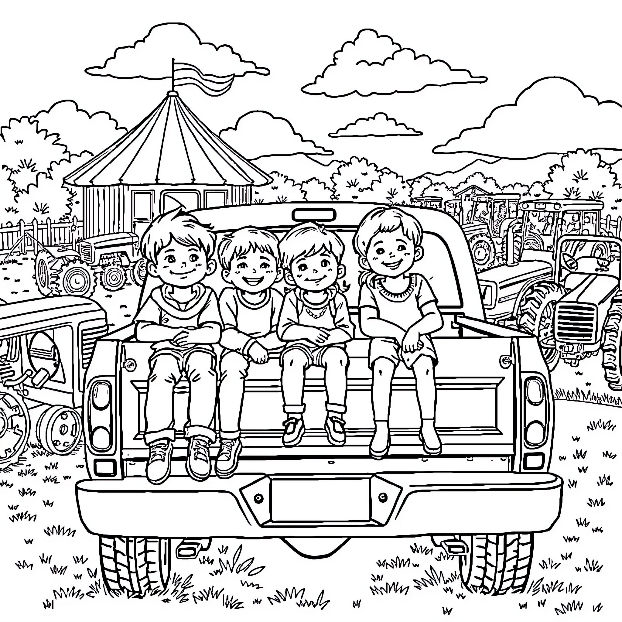 Kid friends enjoy a carnival ride together Coloring Page (free black-and-white line drawing printable PDF for all, from beginners to advanced learners, including children, teens, adults, and seniors)