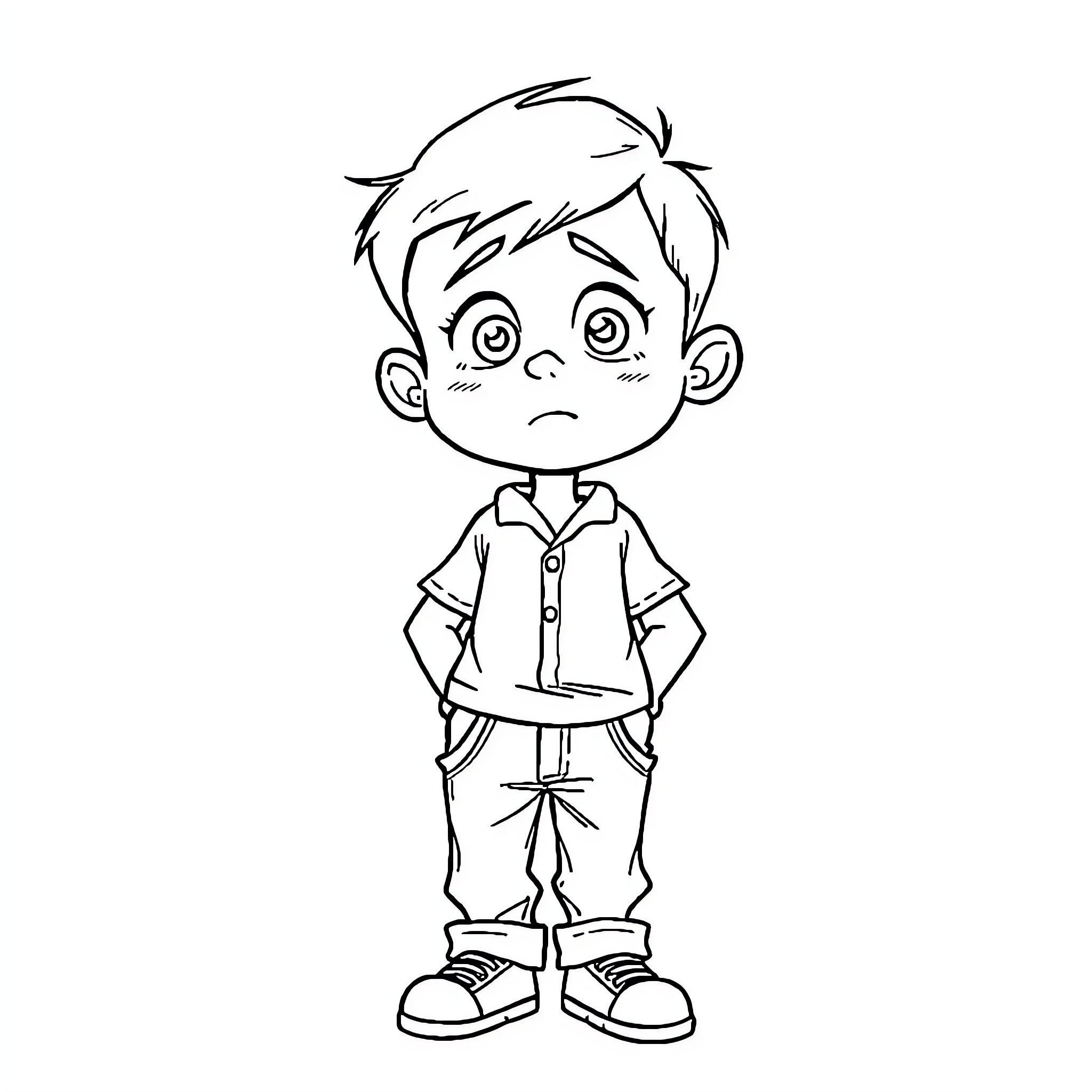 Boy in casual outfit with concerned expression Coloring Page (free black-and-white line drawing printable PDF for all, from beginners to advanced learners, including children, teens, adults, and seniors)