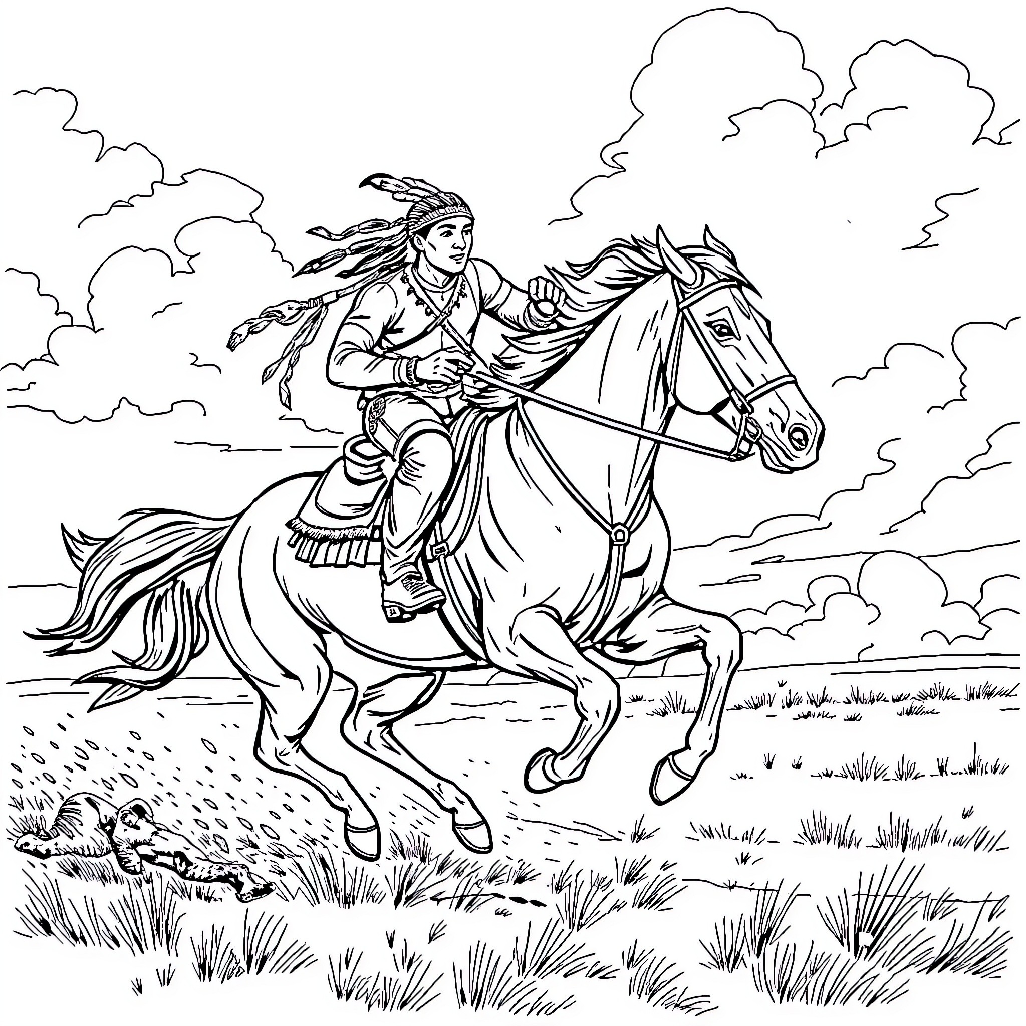 Joaquin Jackson riding majestic horse across the prairie Coloring Page (free black-and-white line drawing printable PDF for all, from beginners to advanced learners, including children, teens, adults, and seniors)