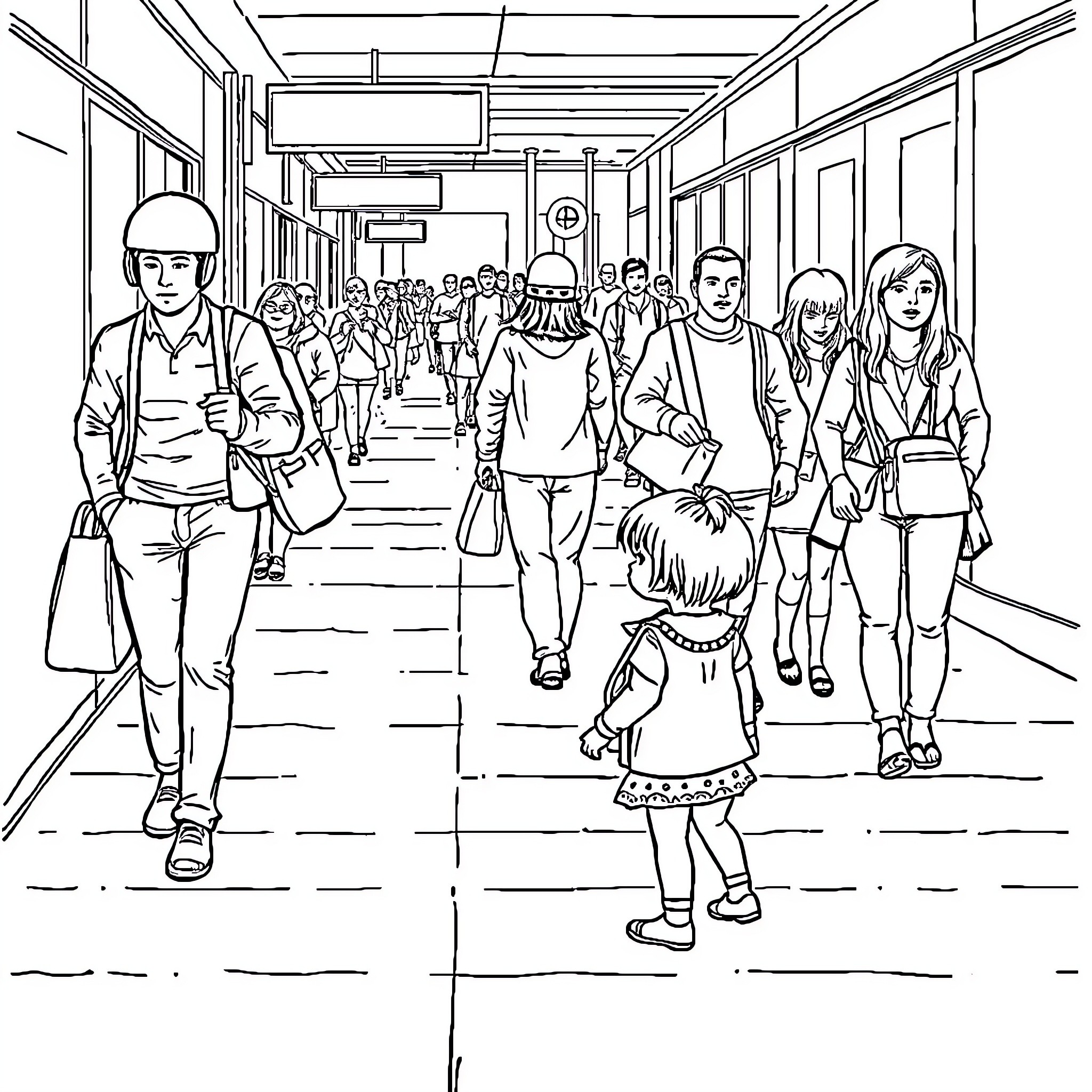 Girl navigating crowded school hallway Coloring Page (free black-and-white line drawing printable PDF for all, from beginners to advanced learners, including children, teens, adults, and seniors)