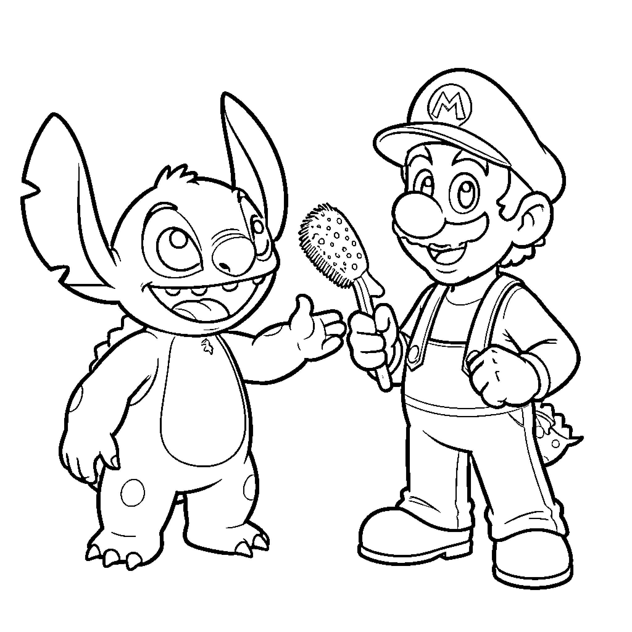 Stitch and Mario explore the world together Coloring Page (free black-and-white line drawing printable PDF for all, from beginners to advanced learners, including children, teens, adults, and seniors)