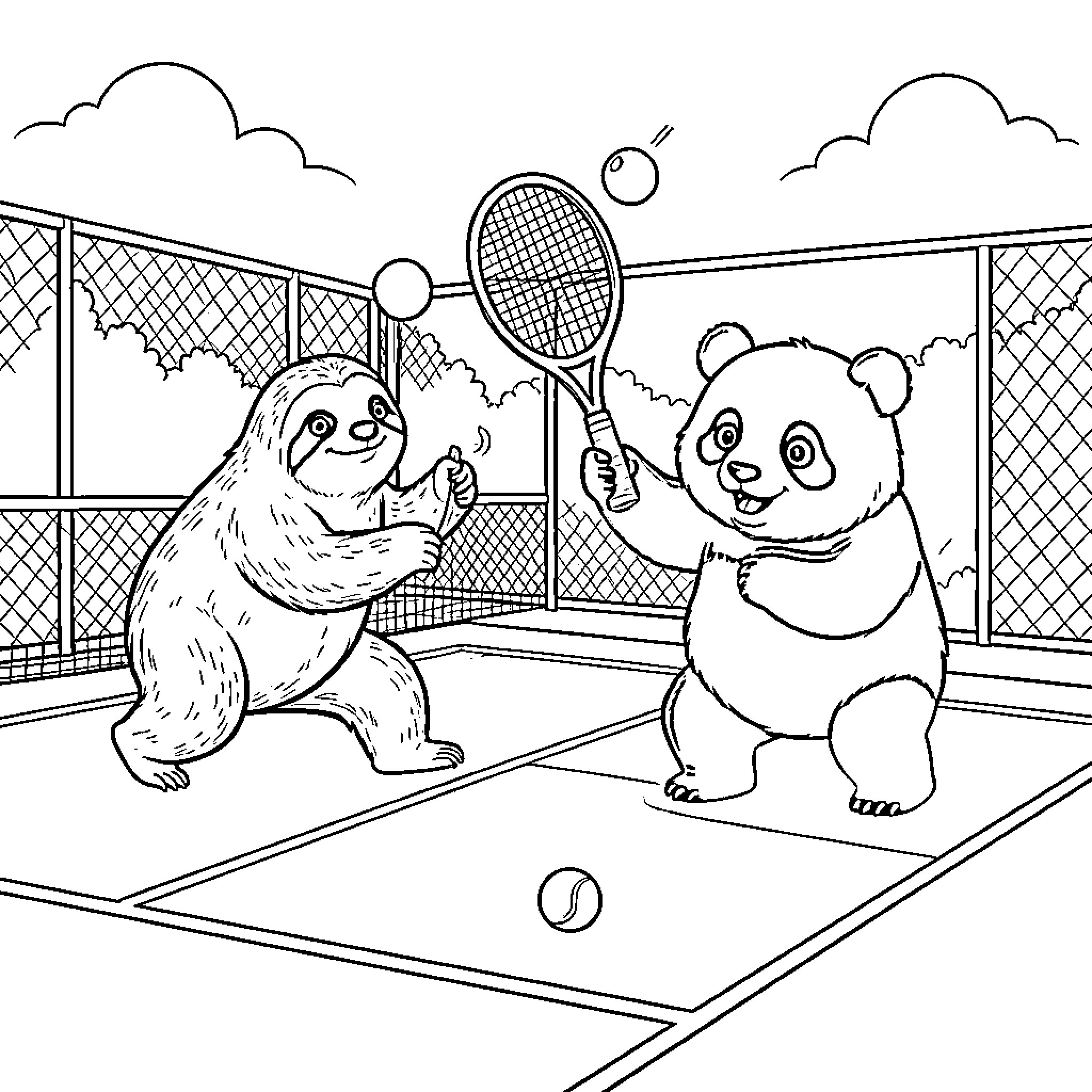 Sloth and Panda Playing Tennis in the Zoo Coloring Page (free black-and-white line drawing printable PDF for all, from beginners to advanced learners, including children, teens, adults, and seniors)